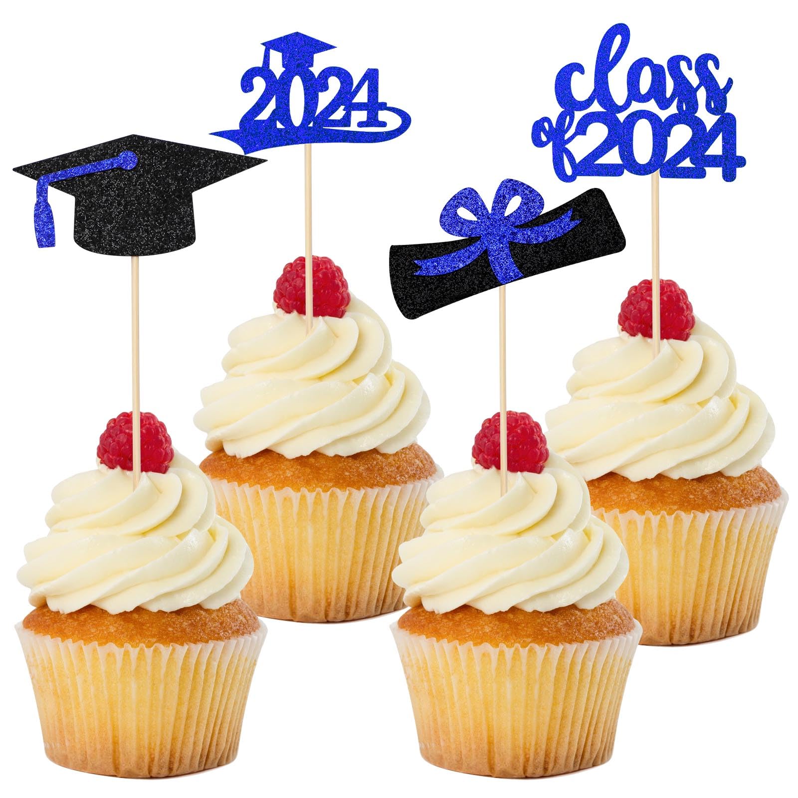 SANNIX 48Pcs Graduation Cupcake Toppers 2024, Double-Sided Glitter Graduation Class of 2024 Food Decorations Grad Cap Diploma Cake Picks Topper for 2024 Graduation Party Supplies(Blue)