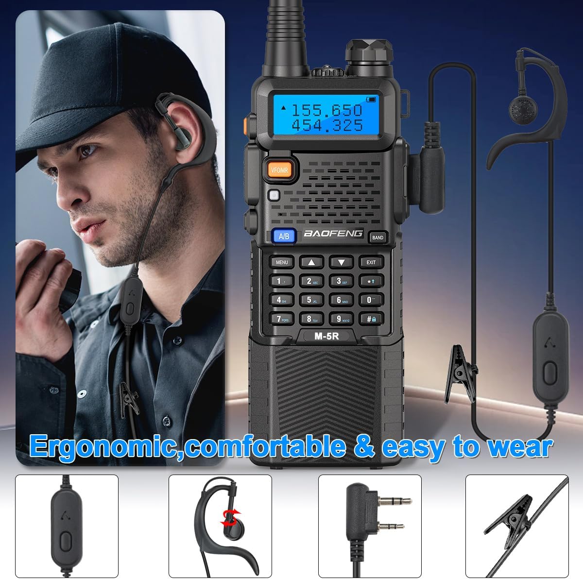 Utente che indossa una radio BAOFENG UV-5R M-5R con auricolare ergonomico, che ne dimostra la comodità e la facilità d'uso.