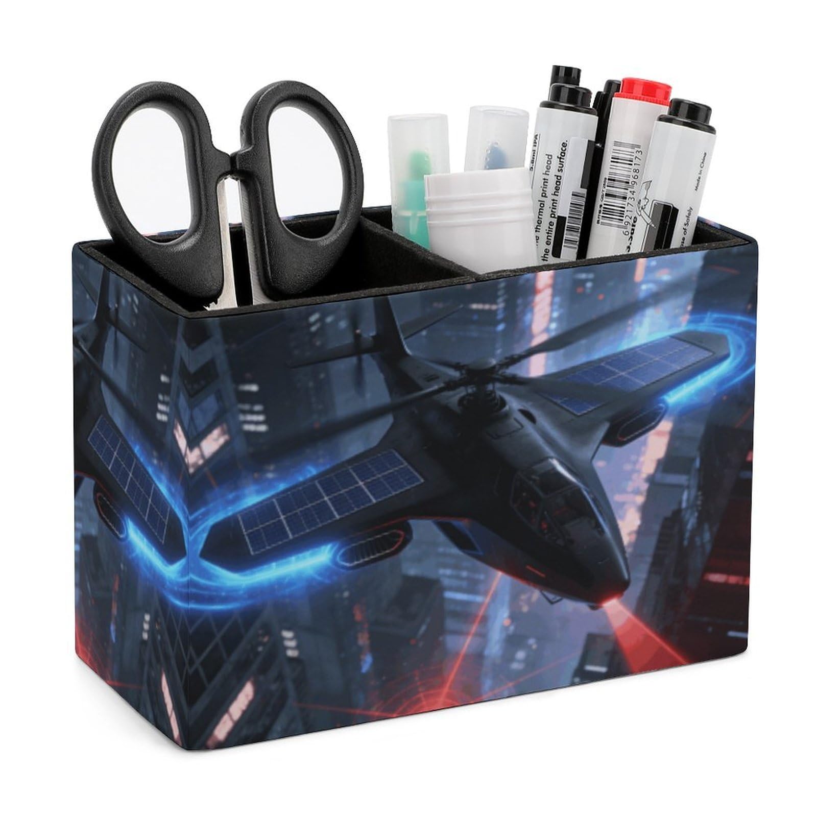 LZQPOEAS Exquisite Patterns PU Leather Pen Holder, Multifunctional Desktop Organizer Caddy with 2 Compartments, Helicopter Pencil Cup Makeup Brush Holder for Office Home