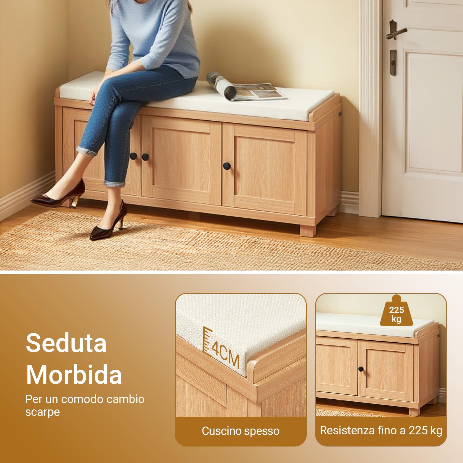 SoBuy Scarpiera Ingresso Panca Contenitore con Seduta Imbottita e 4 Scomparti - Legno Naturale per Casa Ingresso Camera da Letto, Capacità 225kg, Facile da Montare - 104x34x47cm, FSR188-N