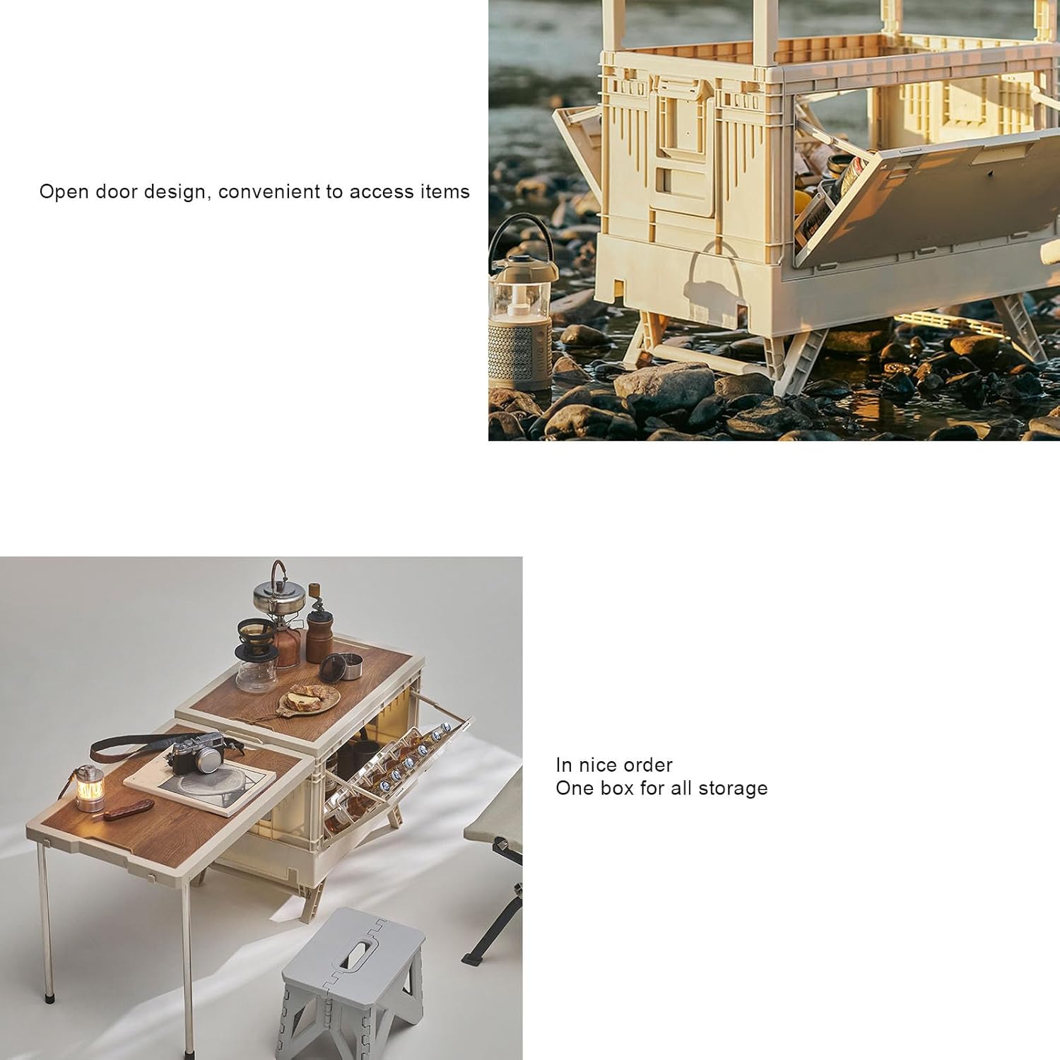 AUNMAS Folding Storage Camping Box with Table, Multi Functional Camp Collapsible Bins for Patio BBQ Picnic Glamping Traveling (White)