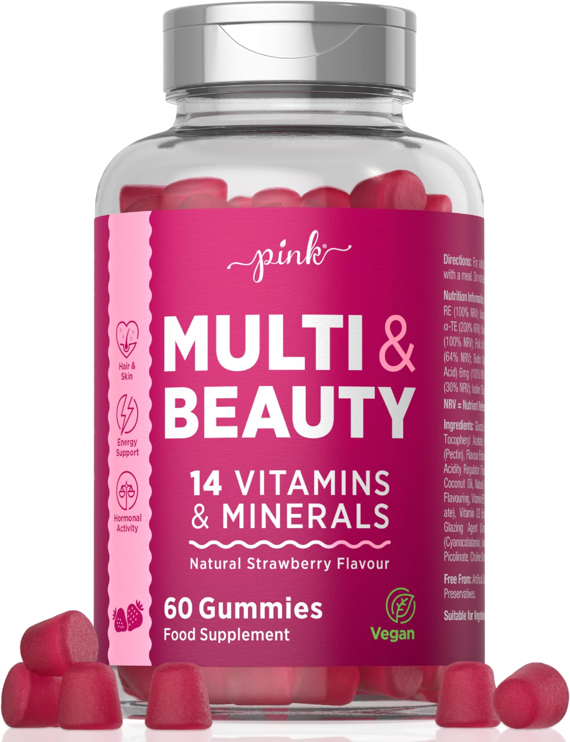 Womens Multivitamins Gummies | Hair, Skin and Nails Vitamins for Women | with Biotin, Zinc, Vitamin C & More! | 60 Vegan Gummies - Natural Strawberry Flavour | by PINK