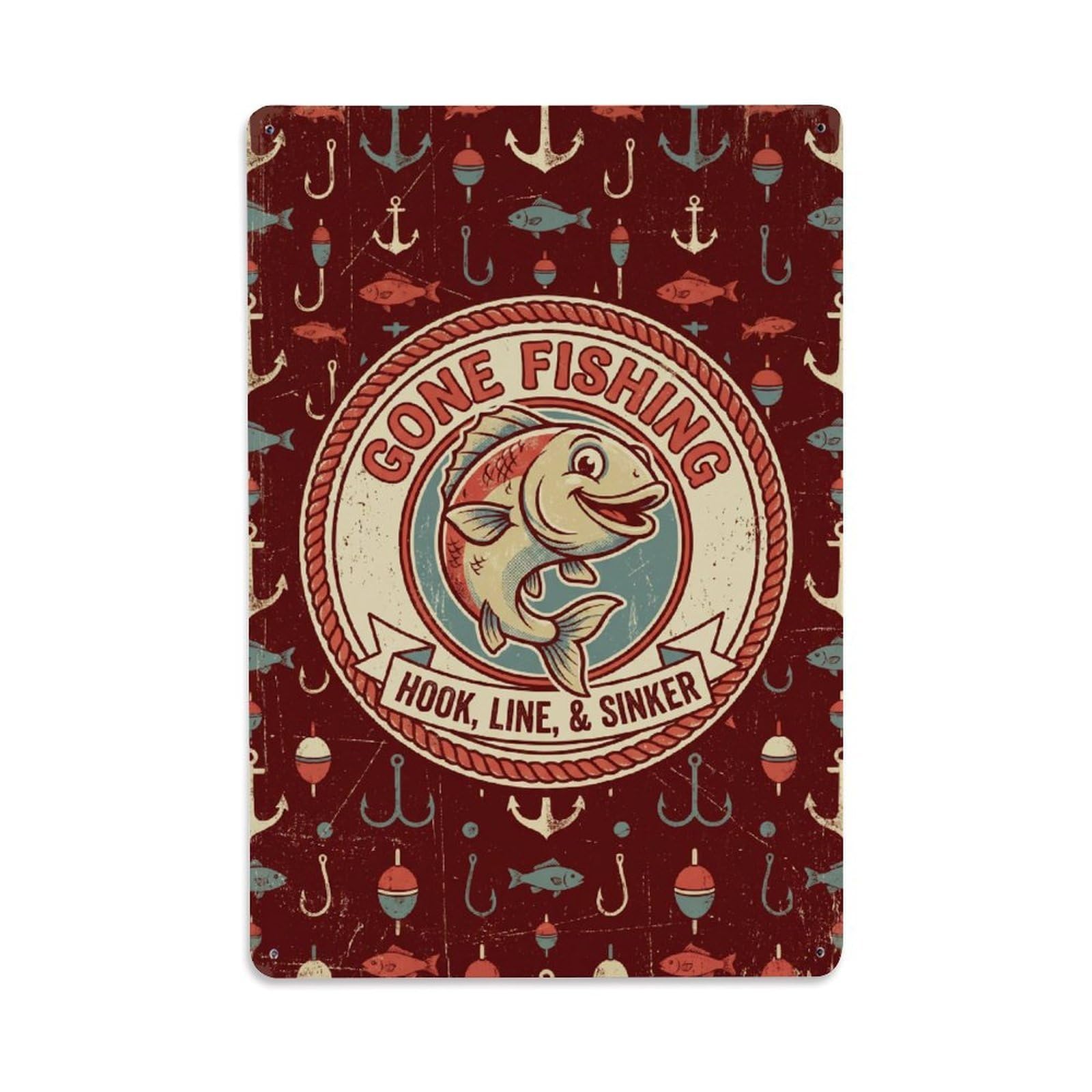 Gone Fishing Funny Fisherman 2 Vintage Metal Tin Sign Plaque Wall Decor for Cafe, Club, Garden Metal Poster 8x12Inch
