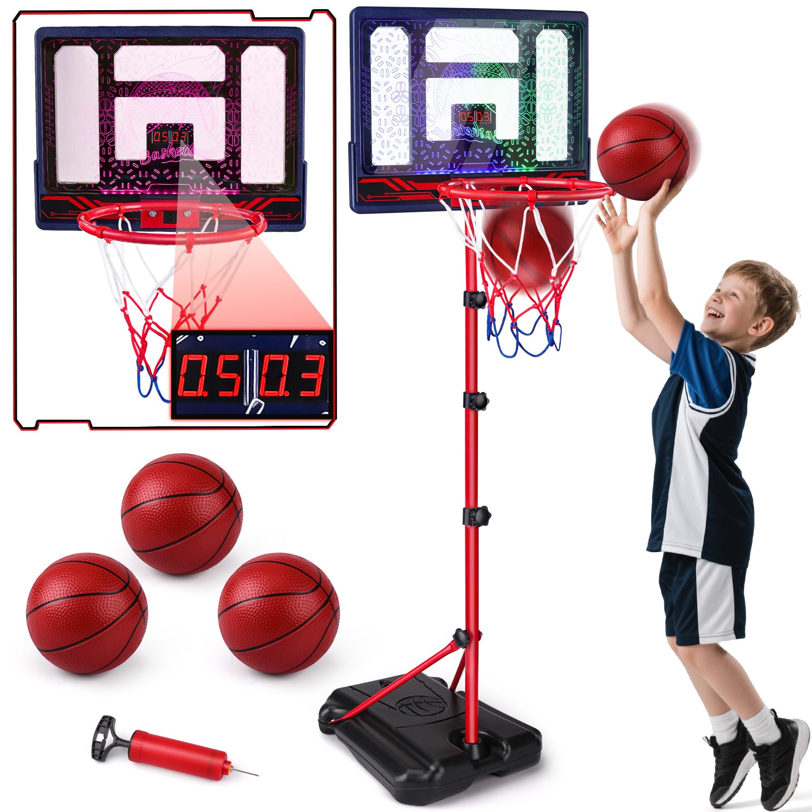 Amy&Benton 2 in 1 Kids Basketball Hoop and Stand Indoor Outdoor, Basketball Hoop Set with Adjustable Stand, Automatic Scoring & 7 LED Lights, Birthday Gift Toy for Boys Teenage 5 6 7 8 9 10 Years Old