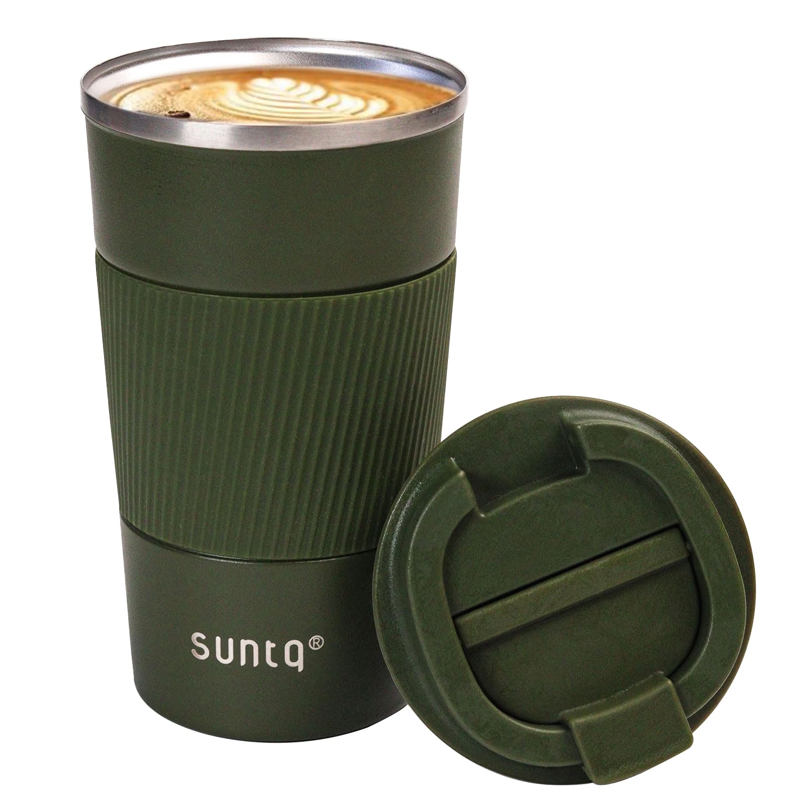 SUNTQ Kaffeebecher to go Thermo aus Edelstahl - Thermobecher mit Gummierte Manschette Doppelwand Isoliert - Kaffeetasse mit Auslaufsicherem Deckel Wiederverwendbar