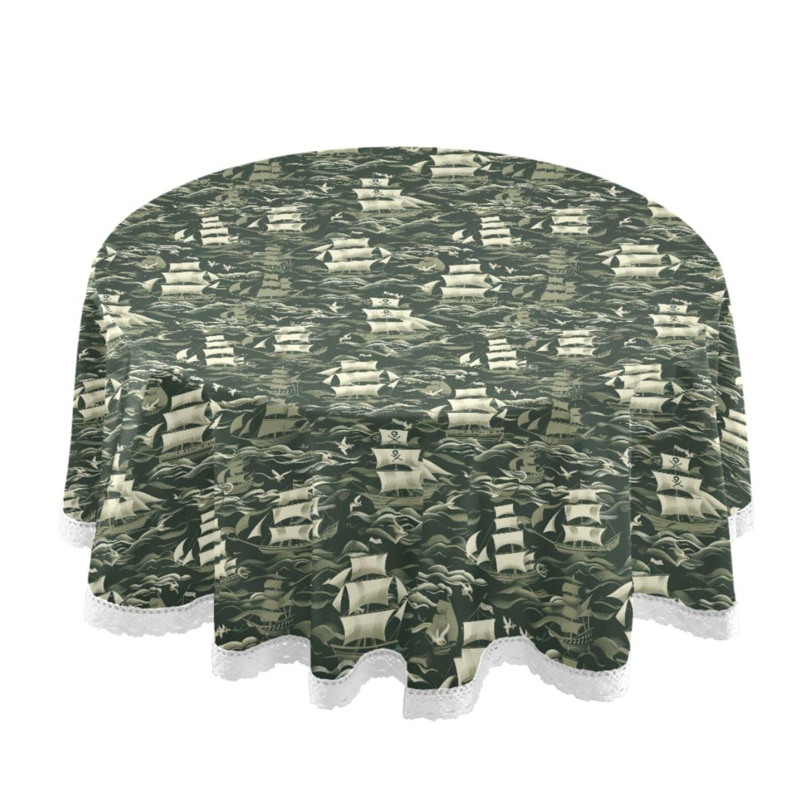 Nappe circulaire William Morris pirates kaki 152cm en dentelle lavable