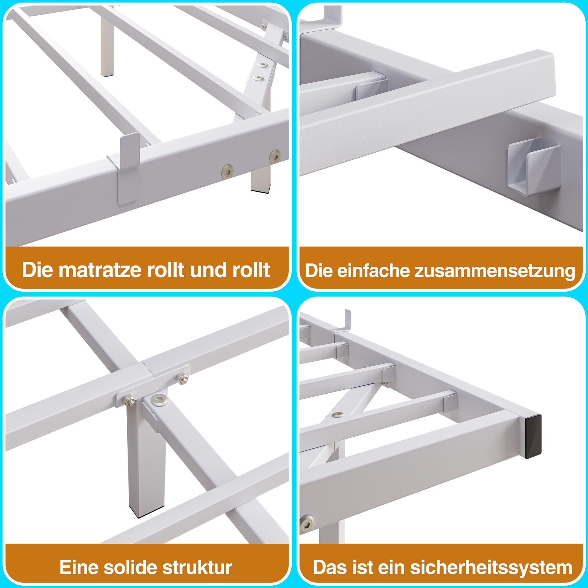 Bett 140x200 mit LED Beleuchtung und Ladestation(1 AC-Steckdosen, 2 USB-Anschlüsse) Schwebendes Bettgestell Metallbett mit Kopfteil und Stauraum, Doppelbett mit Metal Lattenrost, Weiß