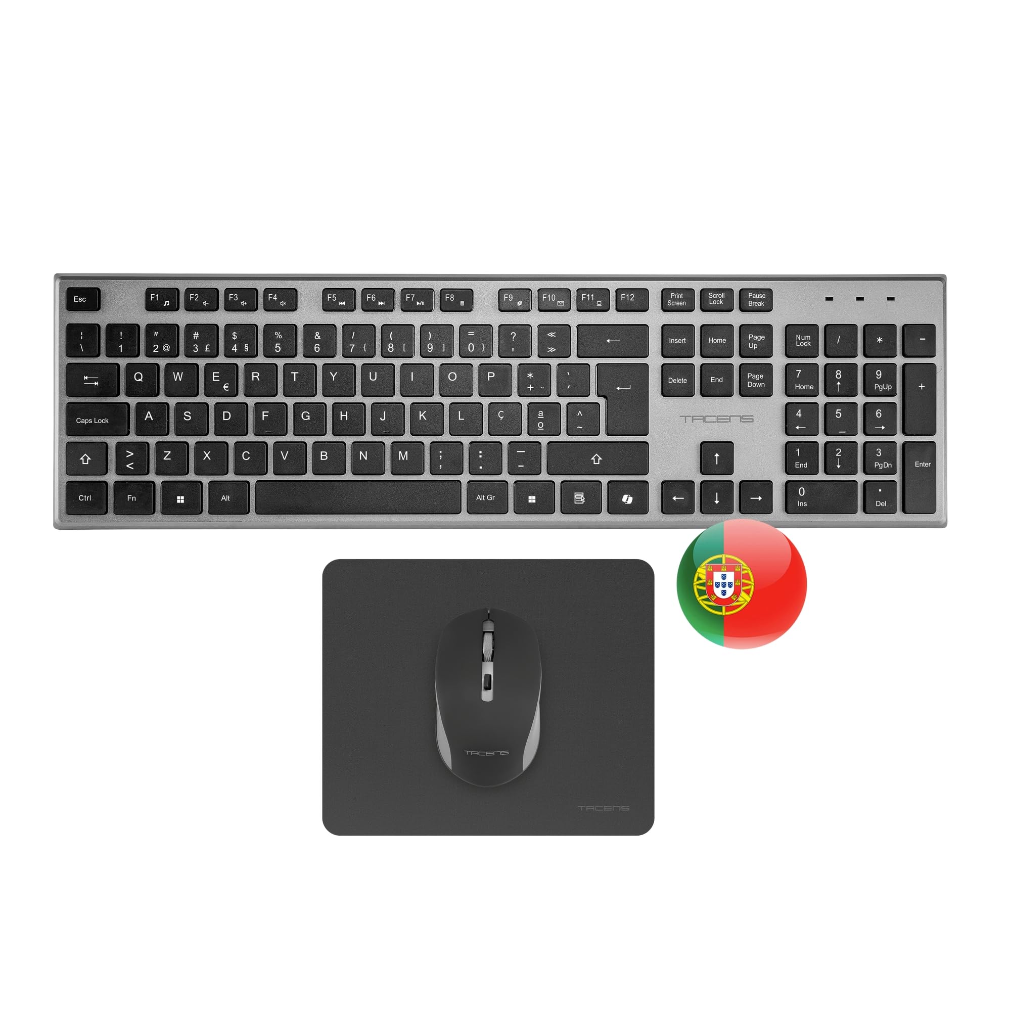 Tacens Zenith, Combo Inalámbrico 3en1 con Tecnología DualLink 2.4 GHz, Teclado Completo Full-Size con SmartKey Copilot AI, Ratón Óptico 3200 dpi, Alfombrilla Nanotextil, Idioma Portugués, Negro