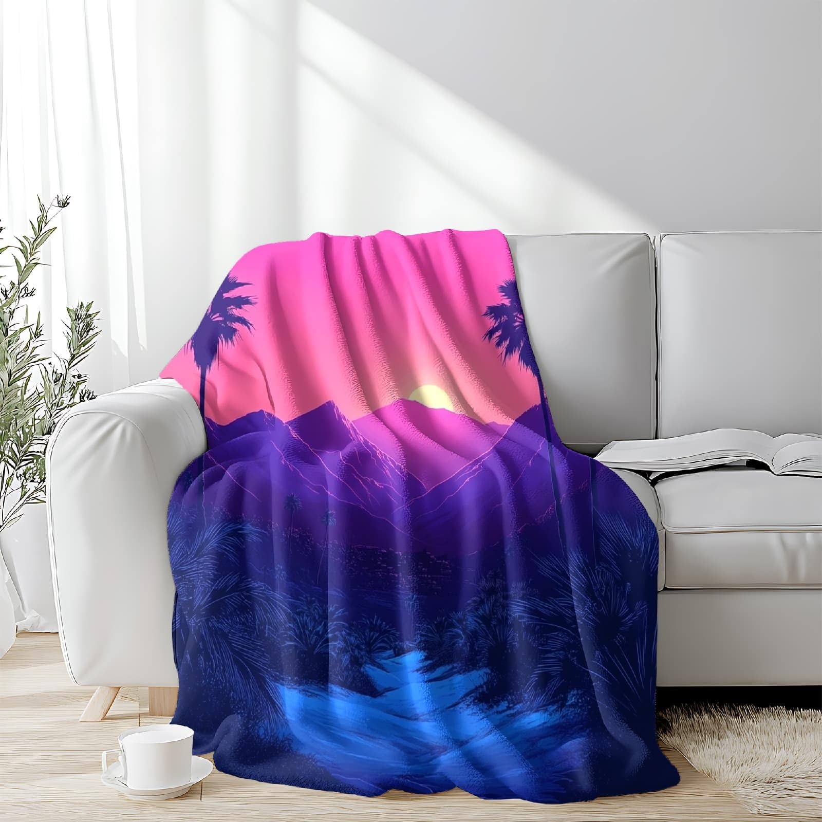 Couverture Polaire Douce 180x220 cm Silhouette de Montagnes Et de Palmiers Chaude Moelleuse Flanelle Couverture Sherpa de Lit Couvre-lit Jeté de Canapé, Convient Adulte et Enfant, Couleurs NéOn