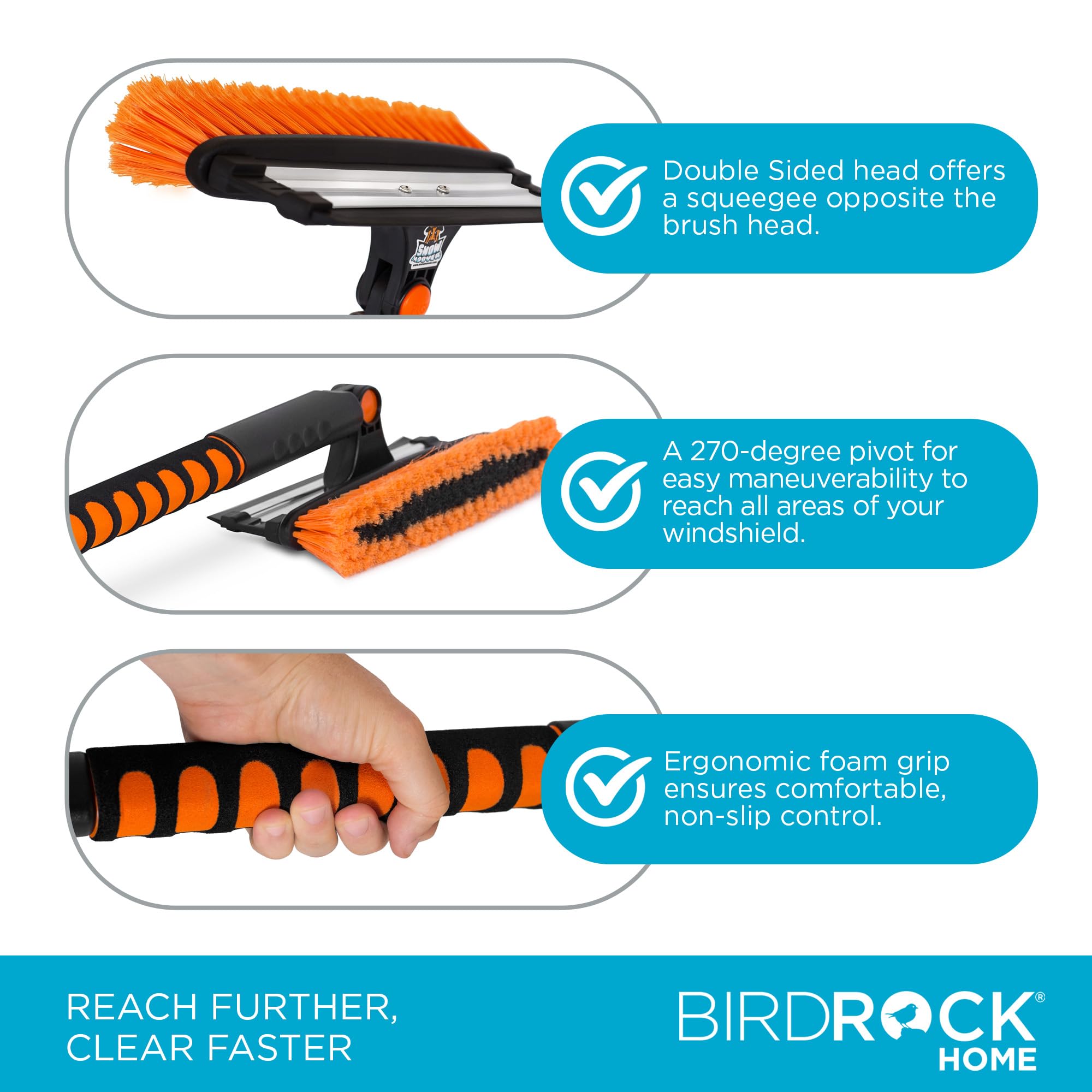 BIRDROCK HOME Spazzola da neve estensibile da 99,1 cm, con raschietto per ghiaccio rimovibile, per auto, 28 cm di larghezza, con setole, dimensioni: auto e SUV, corpo in alluminio leggero con