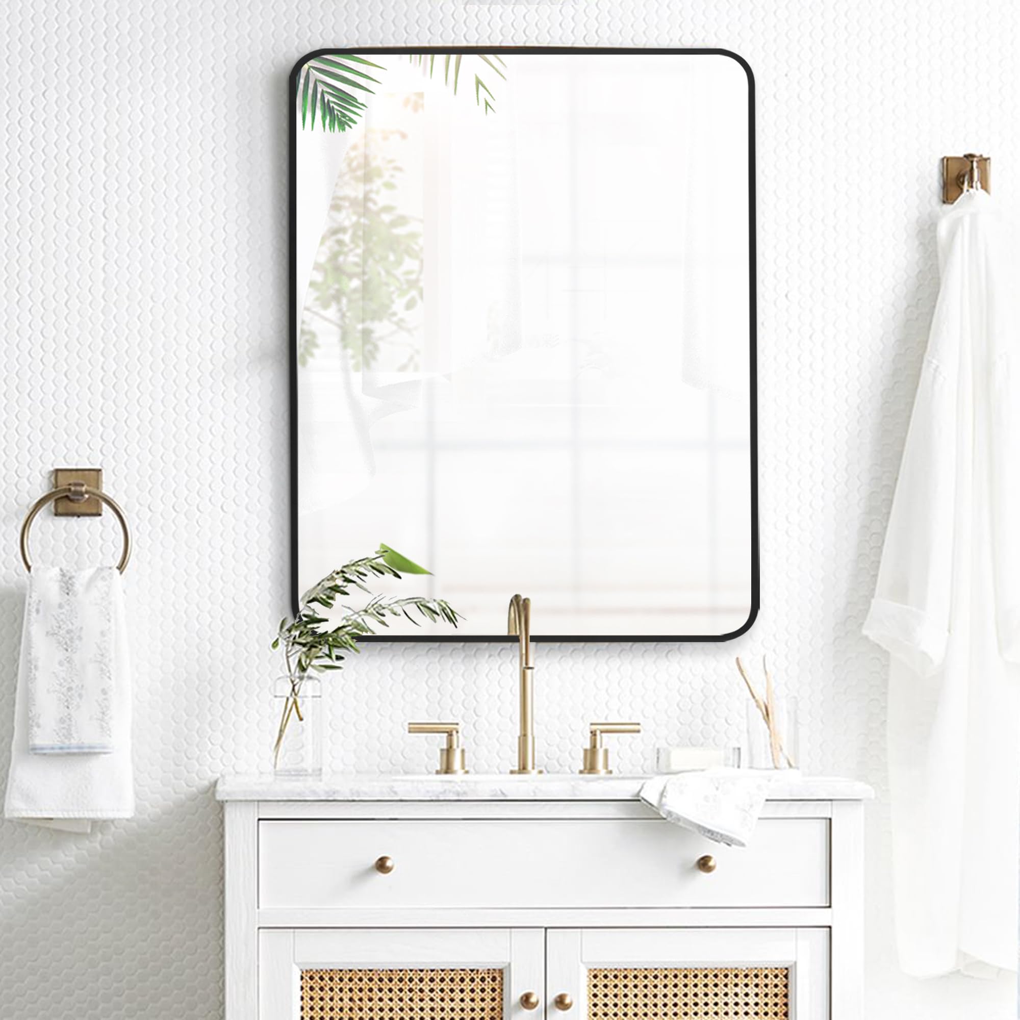 Kosmonia Rectangle Wall Mirror – Black Metal Frame, Rounded Corners, Tempered Glass, For Bathroom & Living Room