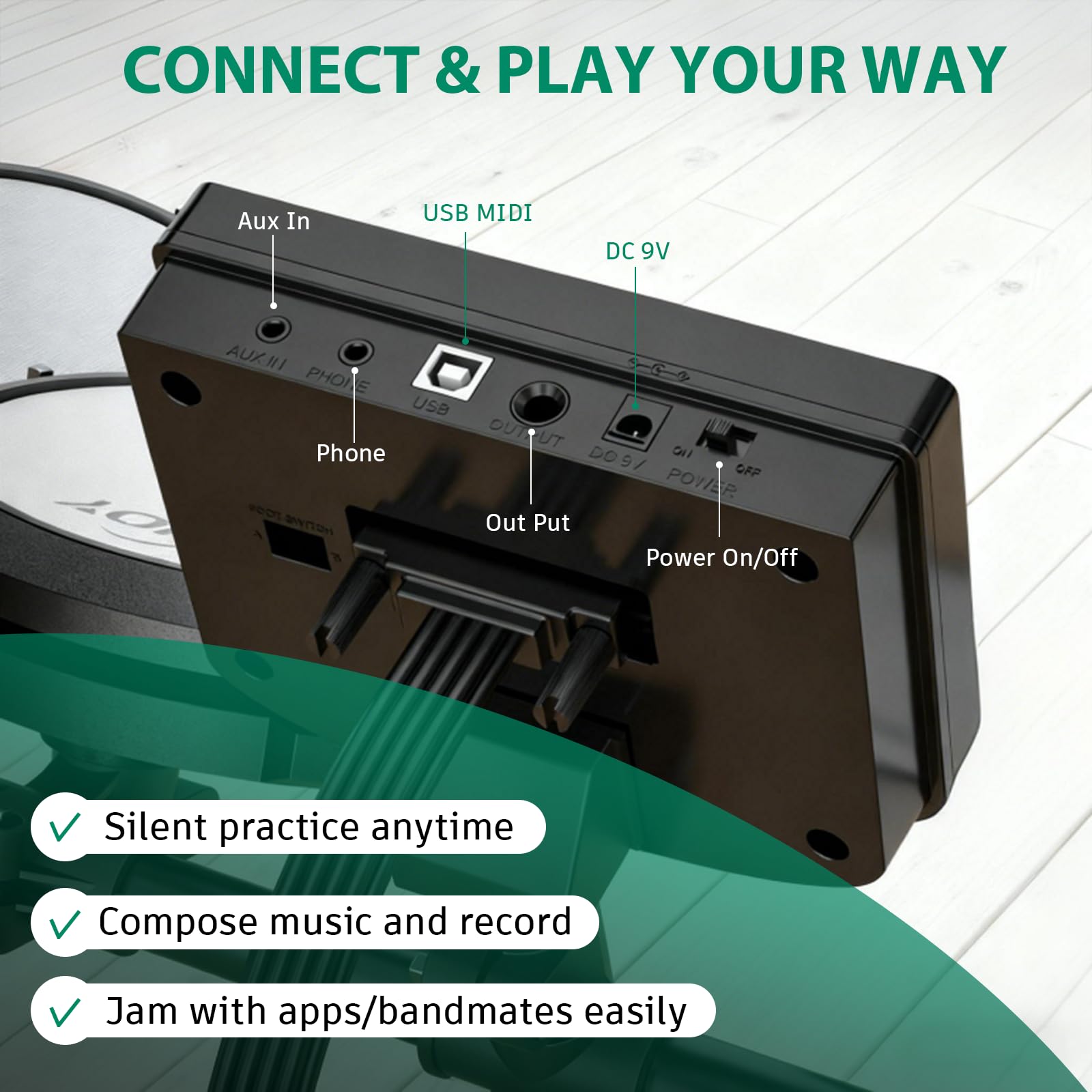 AiJoy Elektrisches Schlagzeug-Set für Anfänger – 4 leise Mesh-Pads, Dual Zone Snare, 15 Schlagzeug-Kits & 200+ Sounds, 9,5-Zoll-Becken, inklusive Thron, Sticks & Kopfhörer, perfektes Kit zum Üben