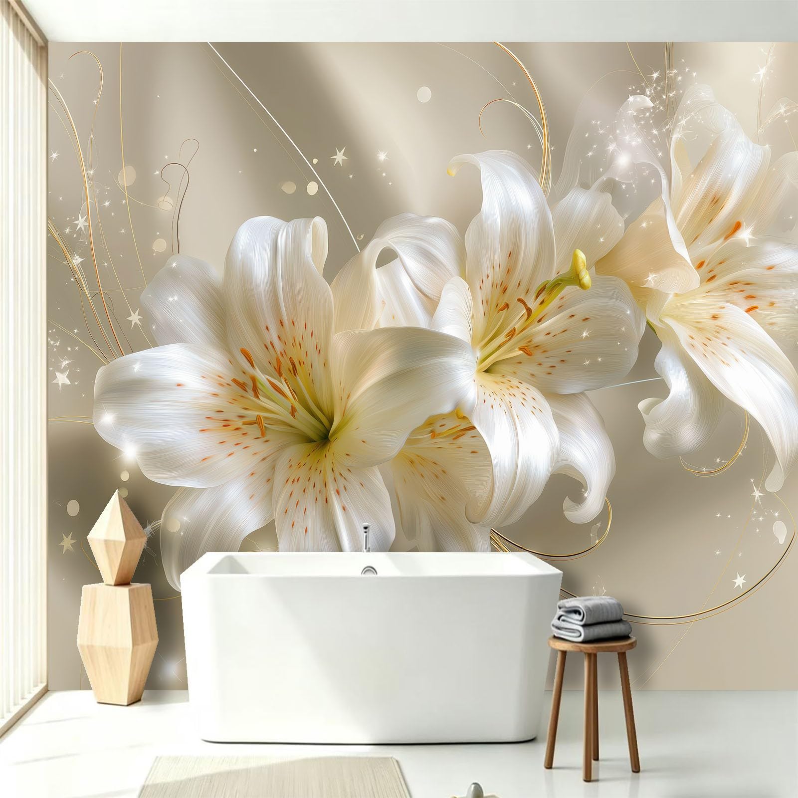 Tapeta - białe lilie gwiazdy linie 350 x 256 cm (szer. x wys.) - włóknina, druk artystyczny, polar, fototapeta ścienna, plakat, nowoczesny, minimalistyczny 3D, do salonu, sypialni i kuchni, fototapeta