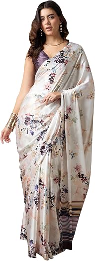 AKHILAM Women's Multicolor Satin Silk Floral Printed Saree With Unstitched Blouse (SATIN1403_RJ11_Parent)