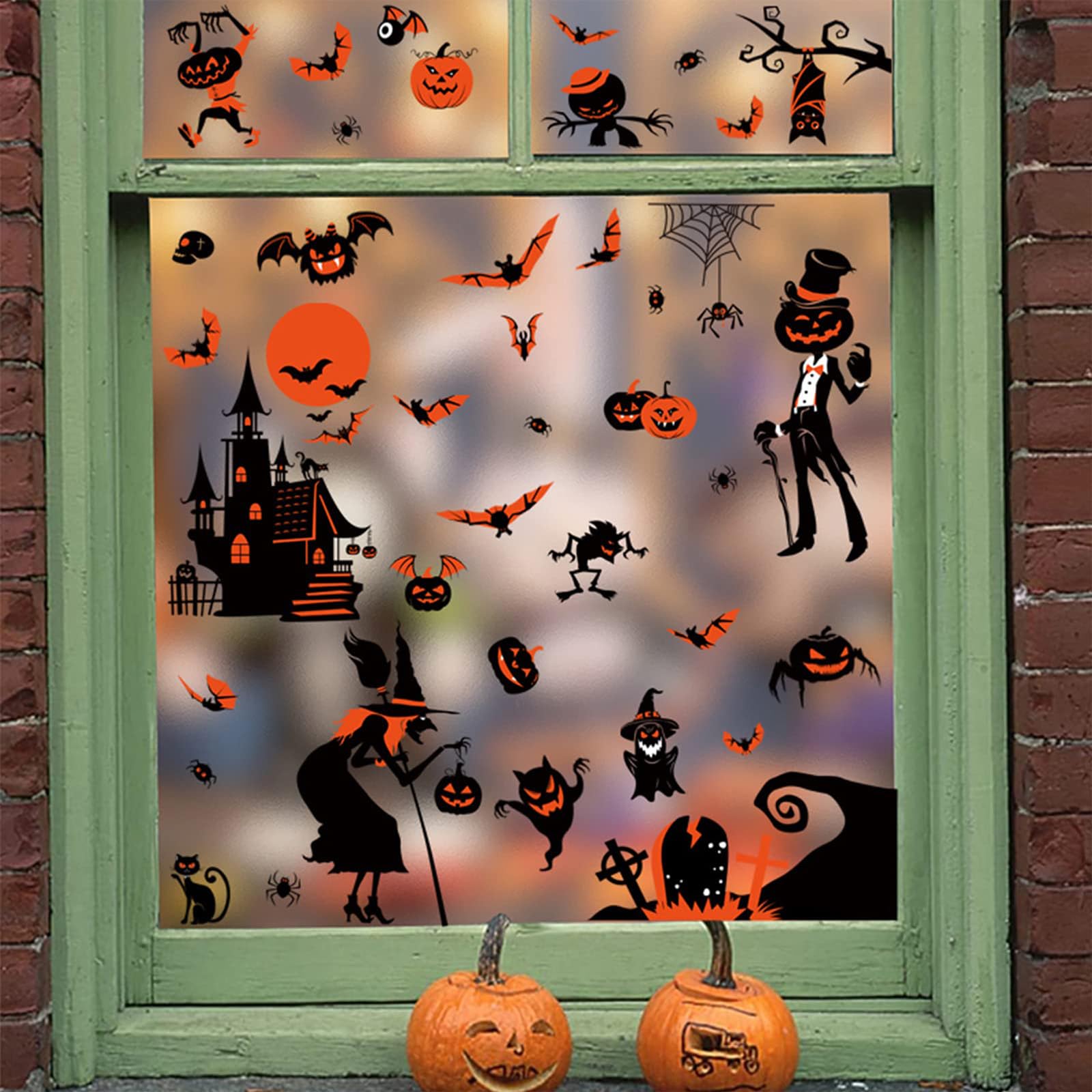AMLOOPH Decorazioni di Halloween adesivi per finestre, 9 fogli di adesivi per finestre a forma di zucca, pipistrello, ragno, fantasma, strega, adesivi per finestre, decorazioni per finestre di