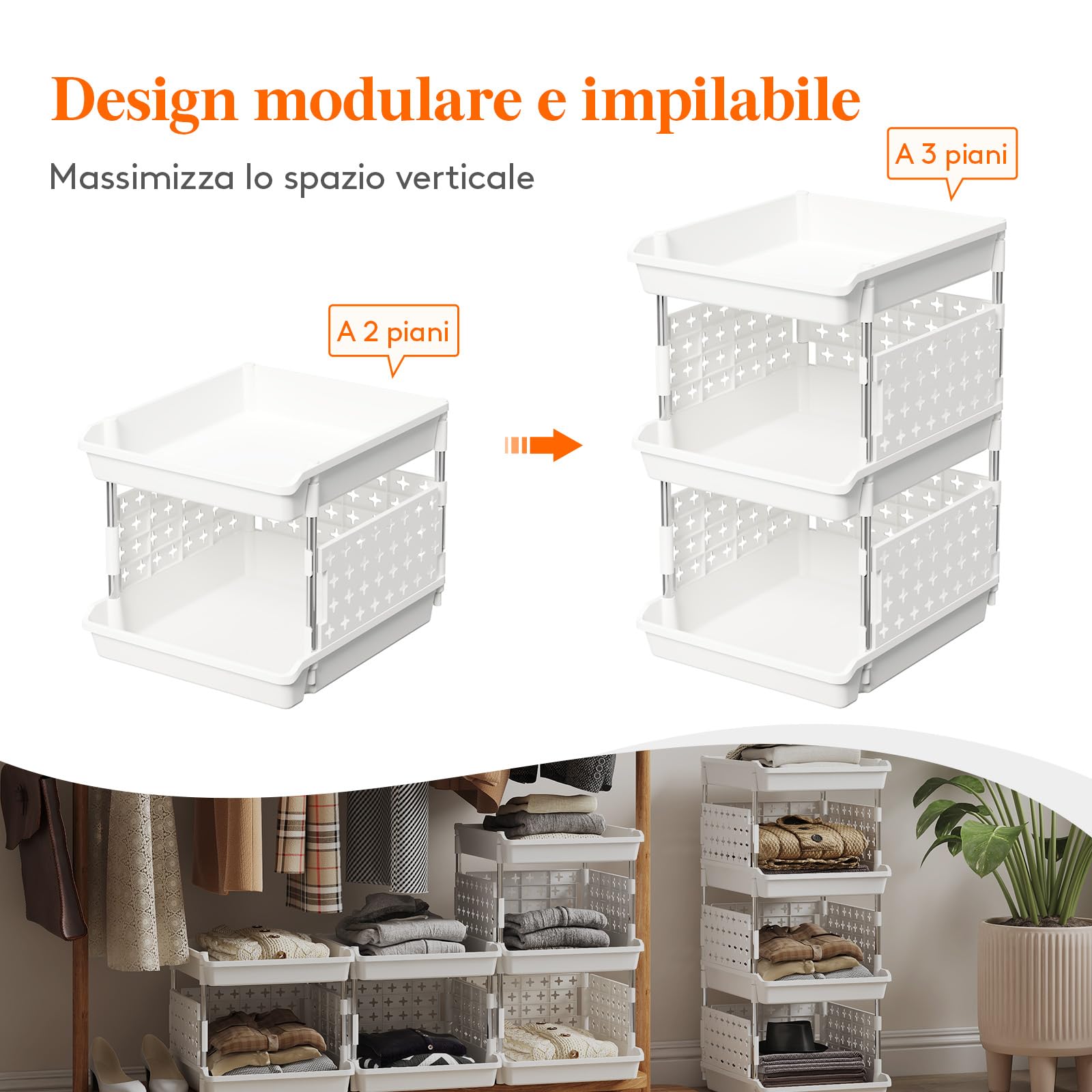 Lifewit Cassetti Impilabili, Plastica Scaffale Portaoggetti Cucina Cassettiera Armadio Interna, Organizer Portaoggetti, 35 x 30 x 54 cm, Bianco, 3 Livelli