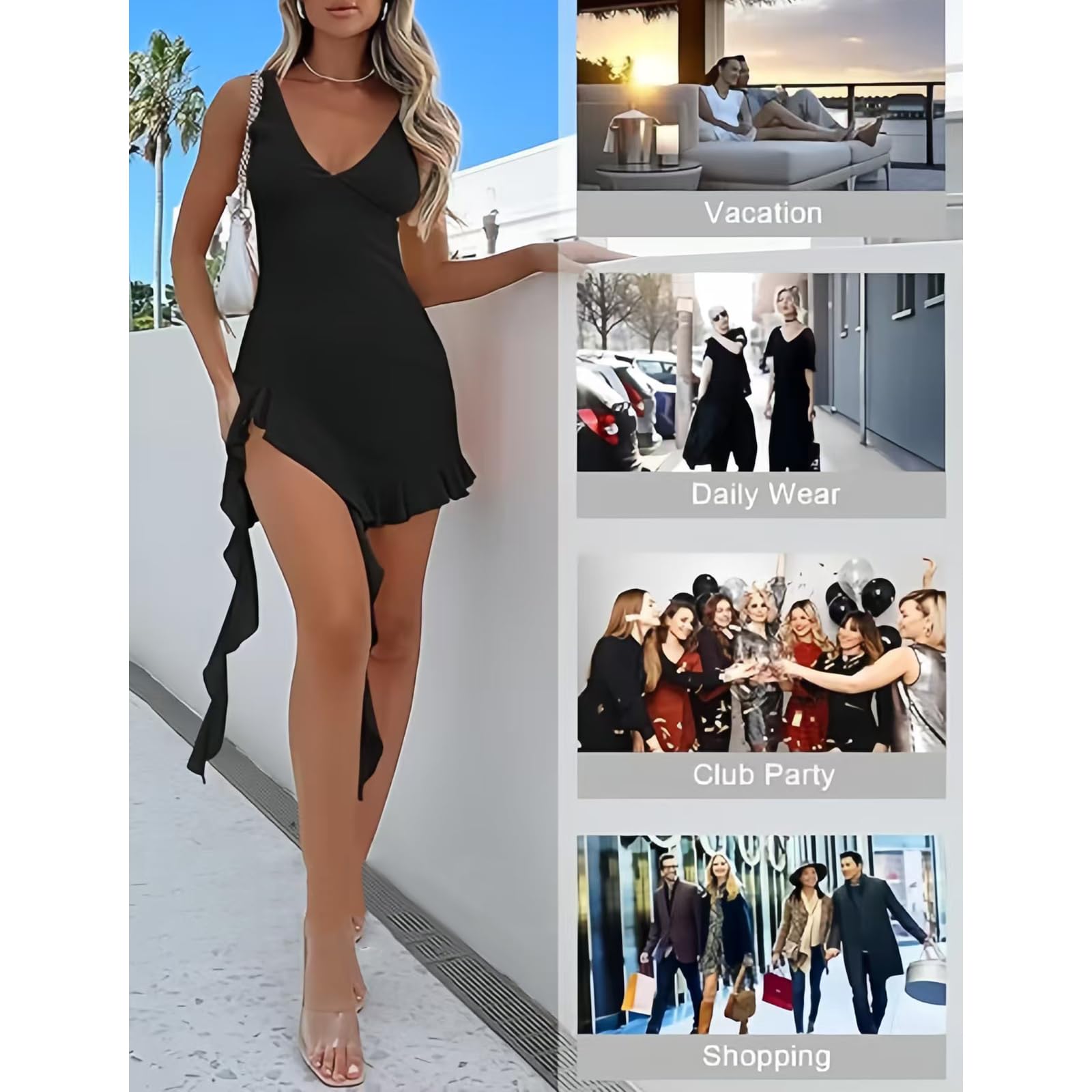 Vestito Sexy Donna Senza Maniche Scollo a V Mini Abito Elegante Irregolare Orlo con Volant Vestiti Corto con Spacco Estivo Bodycon Schiena Scoperta Vestiti da Sera per Party Club Cocktail Discoteca