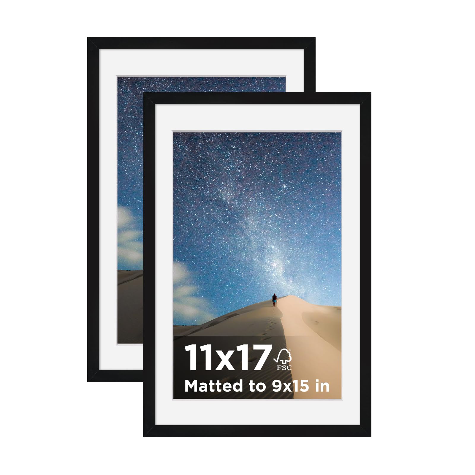 KINLINK 11x17 Picture Frame Black Set of 2, Wooden Photo Frames Matted 9x15 with Plexiglass for 9x15 with Mat or 11x17 without Mat for Table and Wall Display