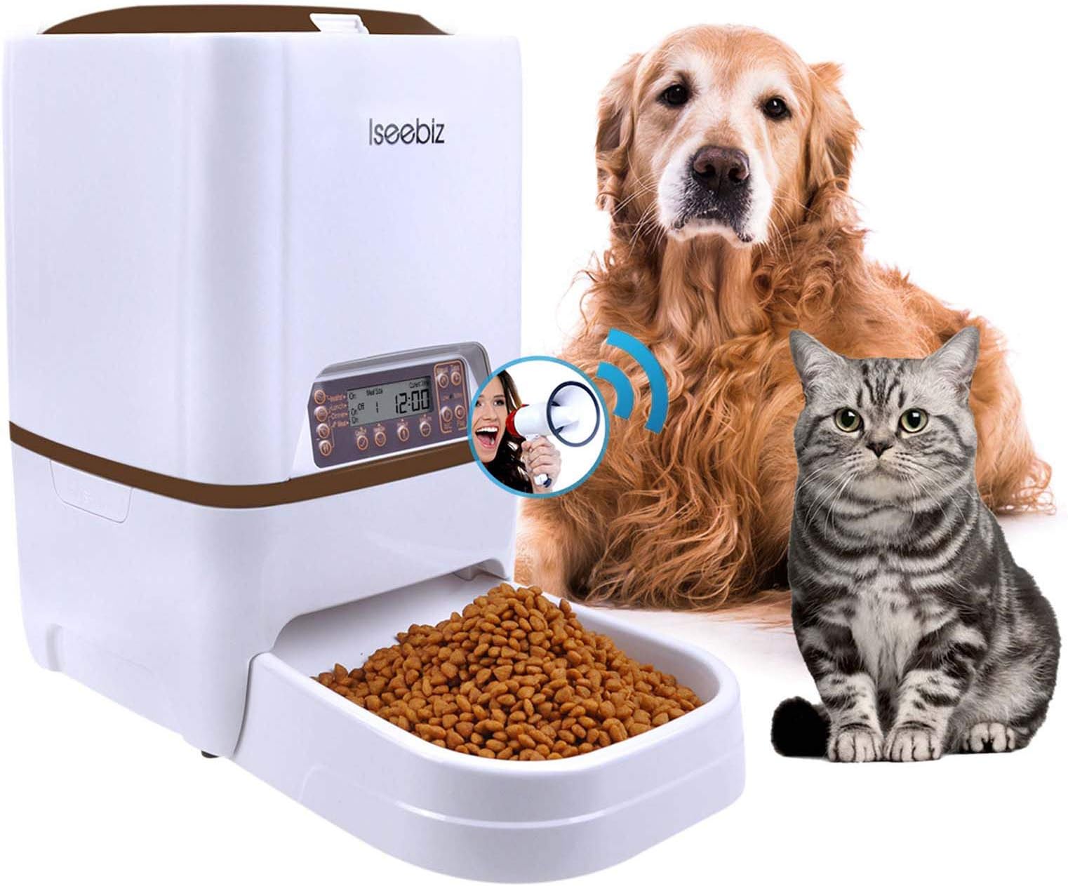 Iseebiz Automatic Pet Feeder, Cat Dog Food Dispenser 6 Liter Hopper with Voice Recorder, Timer Programmable, Portion Control, Food Dispense Remind, IR Detect, 4 Meals a Day for Medium Large Cats Dogs