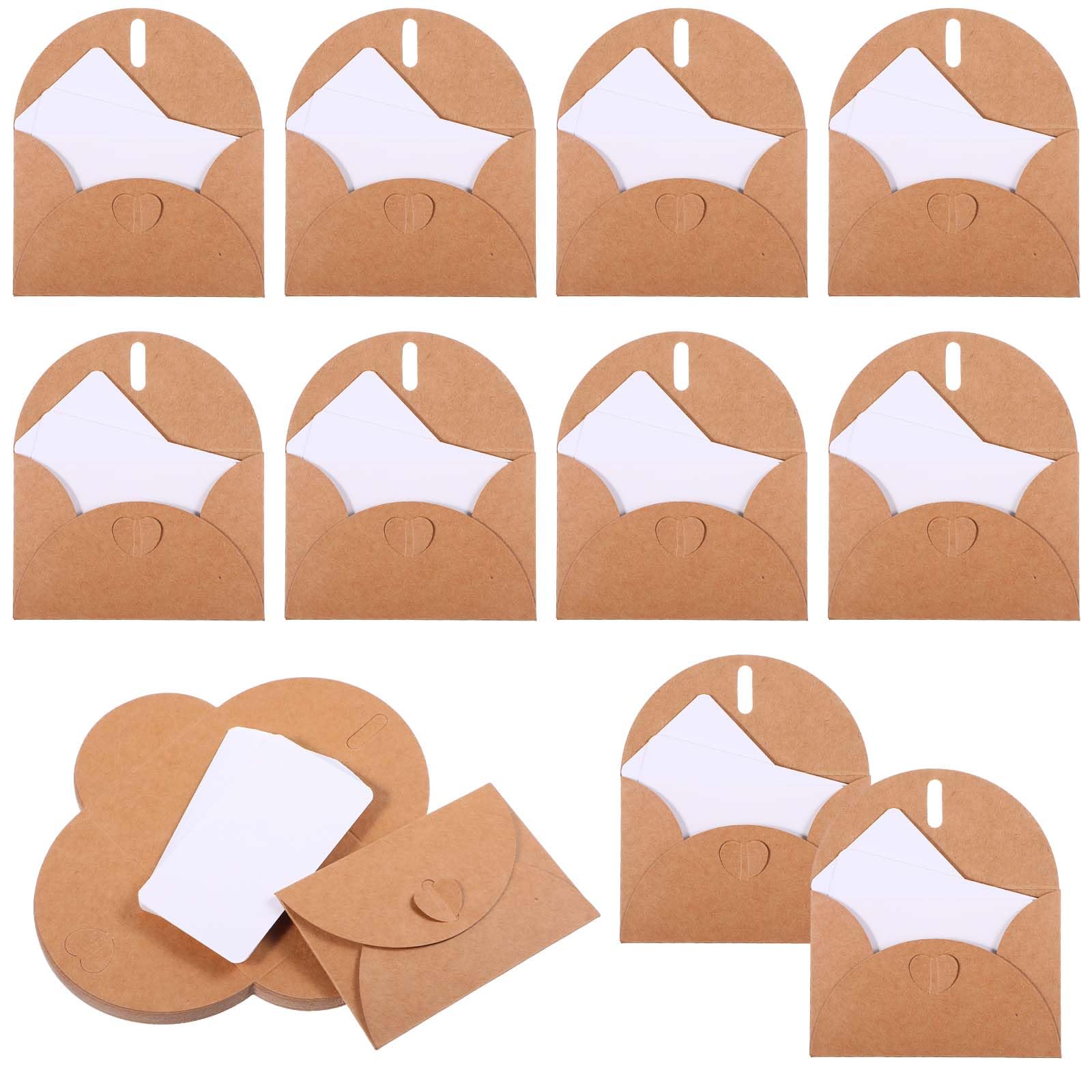 Mini koperty z zapięciem w kształcie serca, małe koperty z papieru kraftowego, mała koperta z pustymi kartkami na karty podarunkowe, upominki weselne, kartki okolicznościowe, wizytówki pocztowe, 10 x