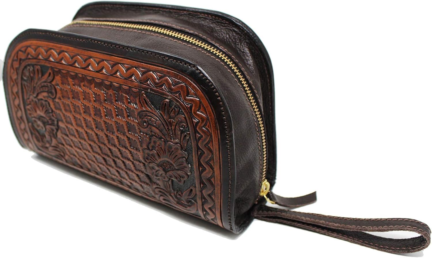 CHALLENGER Men's Travel Toiletry Organizer Shaving Kit Tooled Leather Bag 18AA28BR