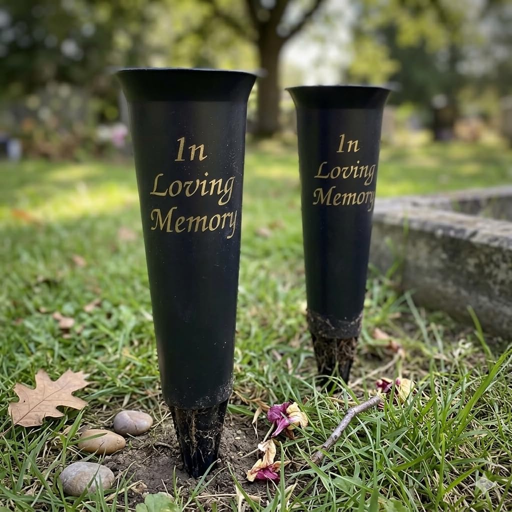 Set of 2 In Loving Memory Grave Vases with Ground Spike, Black Plastic, Conical, Memorial Flower Holders