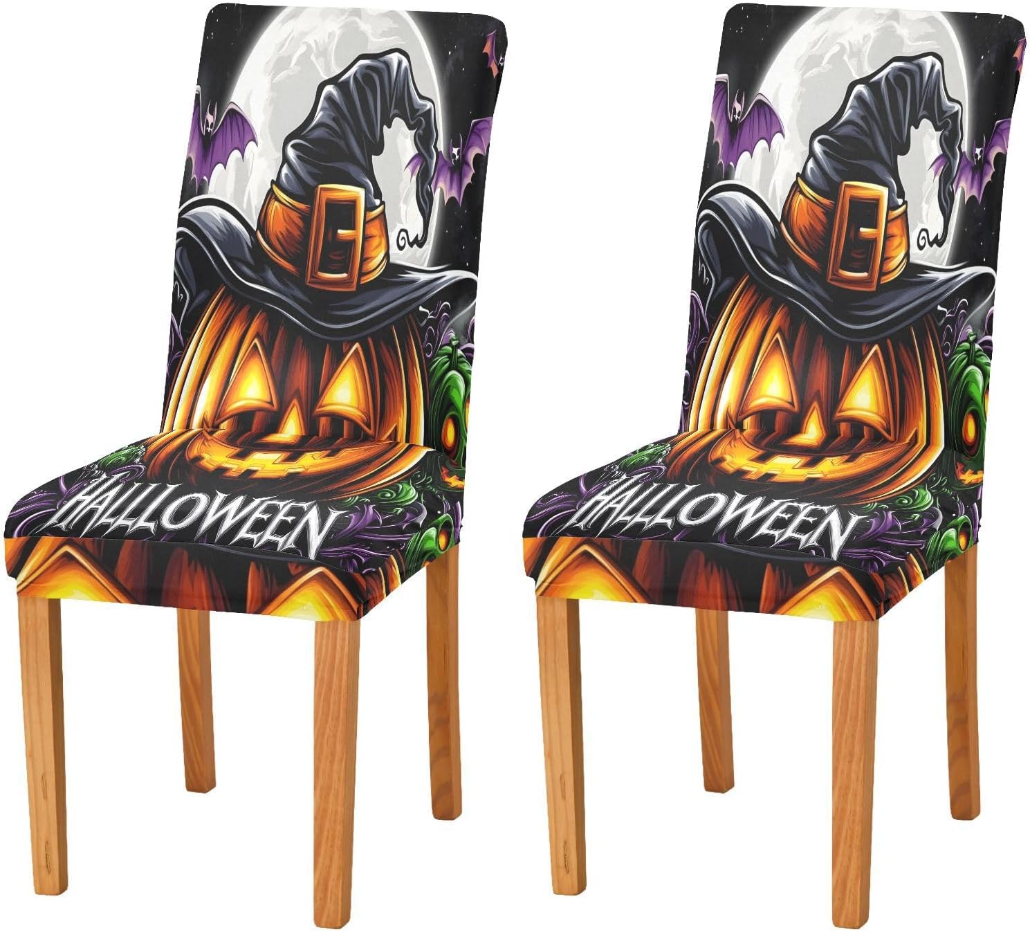 ALAZA Chair Covers for Dining Room, Pumpkin Purple Bat Stretch Chair Cover Sets Chair Protector Removable Washable for Ktichen Restaurant Hotel