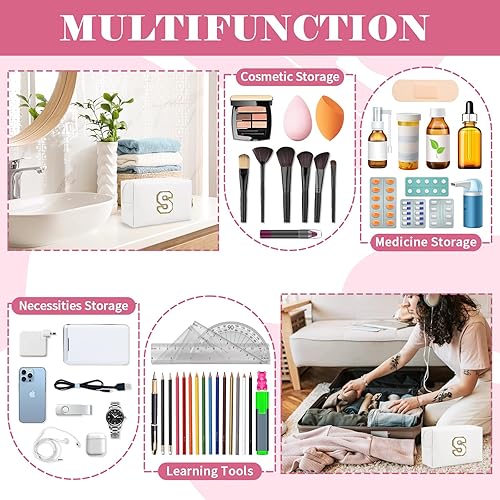 Miniatura 5 de Pequeña bolsa de maquillaje personalizada con inicial A-Z Preppy, bolsa de cosméticos de viaje de felpilla blanca con cremallera, bonita bolsa de