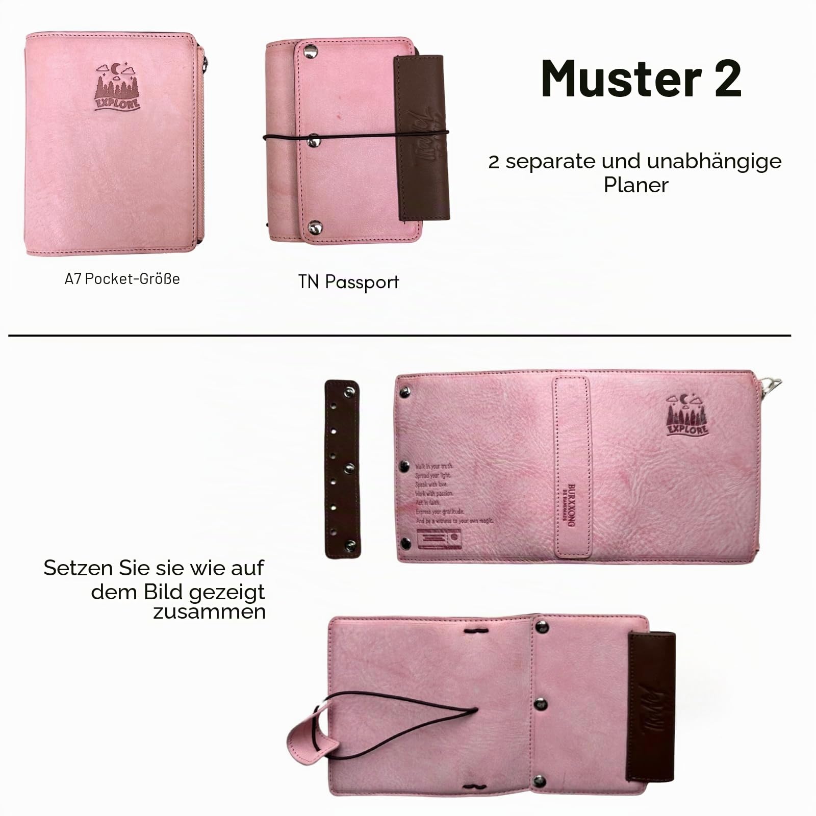 Terminplaner im Taschenformat, A7, echtes italienisches Alaska-Leder, nachfüllbar, Stalogie-Ring-Planer, 3-fach gefalteter Stil mit 25 mm Ringbuch, TN-Passport-kompatibel (rosa Wachs)