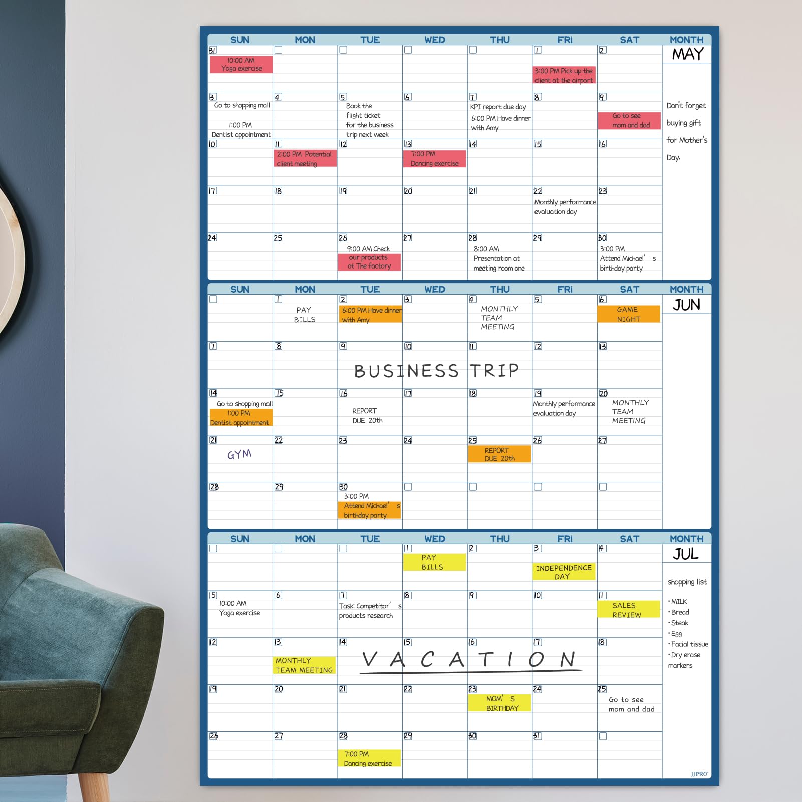 JJPRO Dry Erase Wall Calendar 3 Month