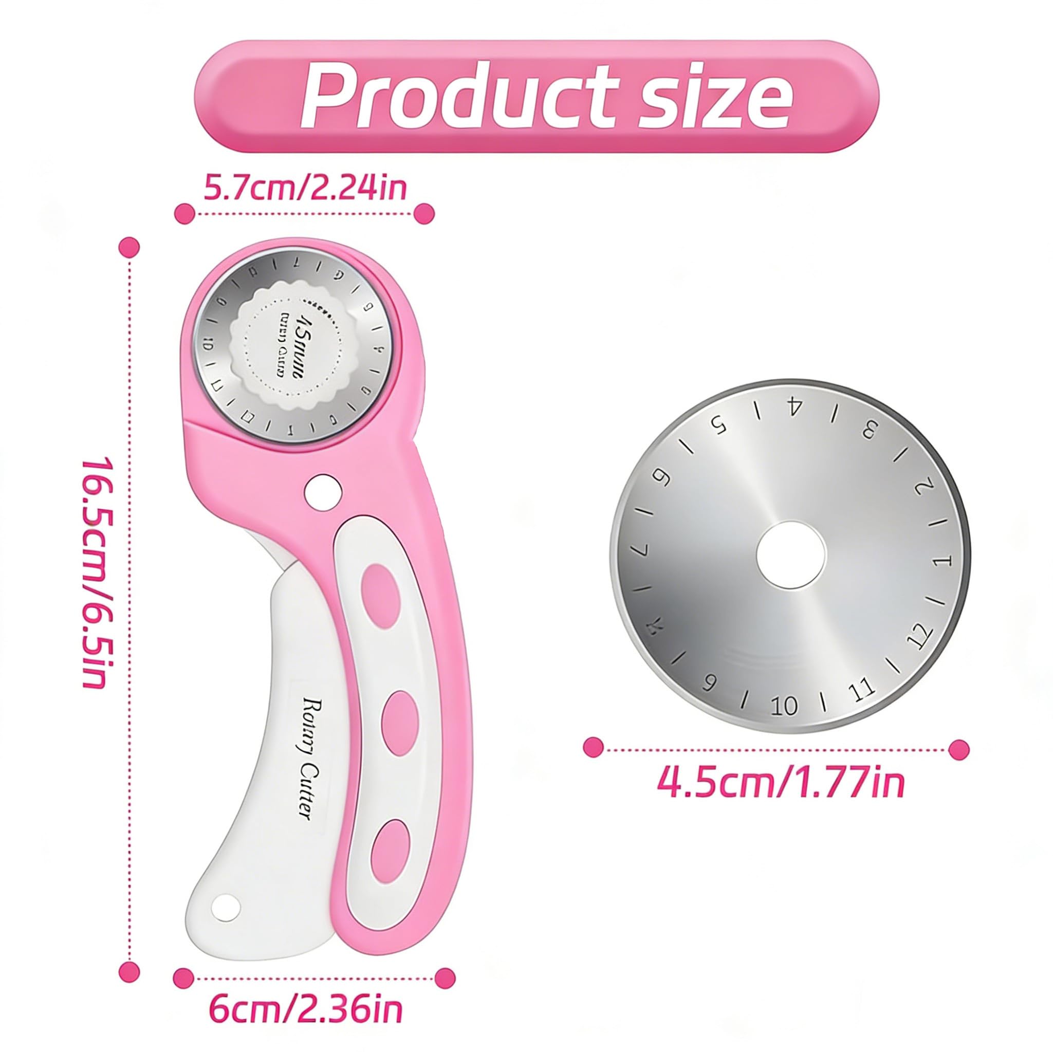 45mm Rotary Cutter for Fabric with 5pcs Extra Blades, Ergonomic Handle Rolling Cutter with Safety Lock for Fabric for Leather, Sewing, Quilting, Rotary Cutter Perfect for Left & Right Hand (Pink) - 2