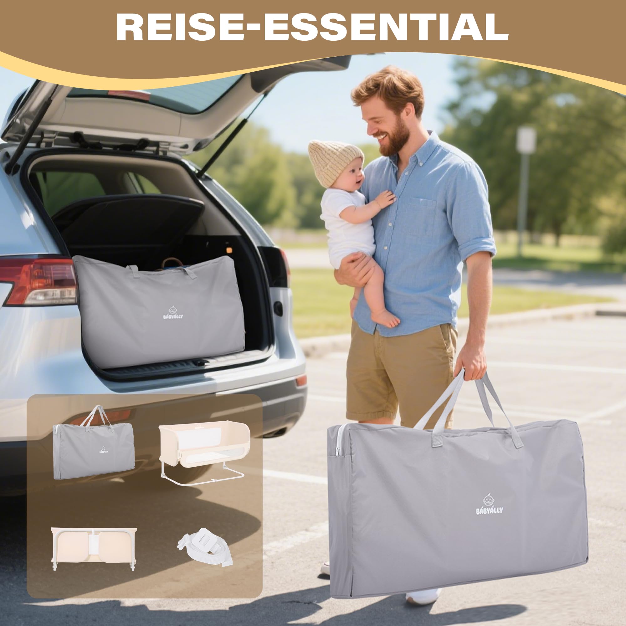 Rausfallschutz Bett Reise 185cm, 2-IN-1 Funktion als Baby Beistellbett und Bettgitter Baby, Rausfallschutz Bett Klappbar, Tragbar Bett Schutzgitter für Kinder, Kinderbettschutzgitter für Reisen- Creme