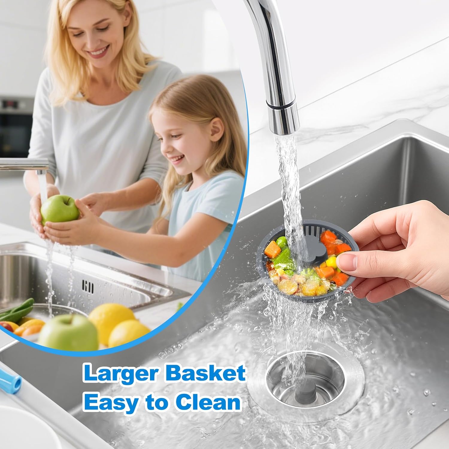 Upgraded 3 in 1 Kitchen Sink Drain Strainer, 304 Stainless Steel Pop-up Kitchen Sink Stopper with Strainer Basket, Kitchen Sink Plug for Standard 3-1/2 Inch Drain (Silver Silver)