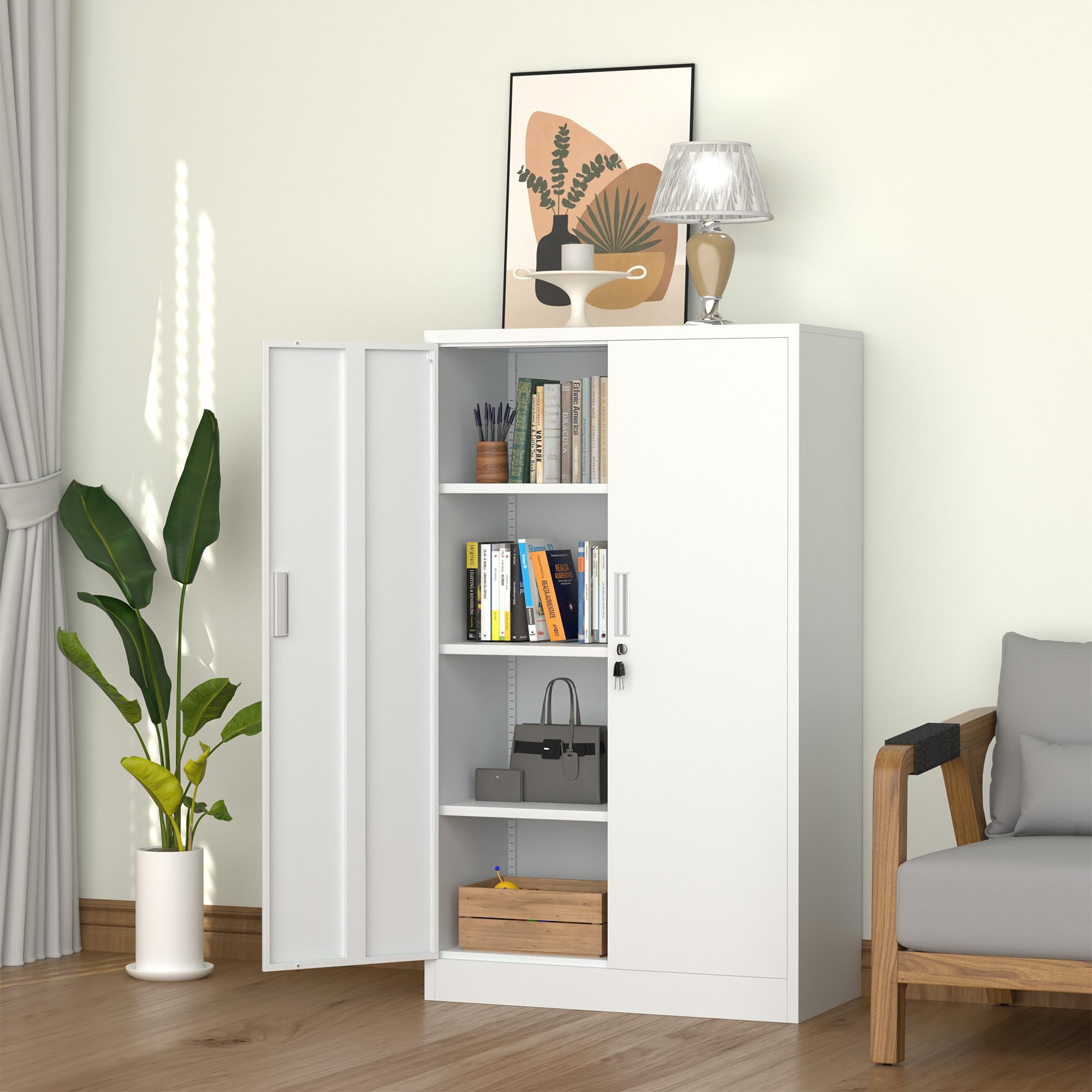 iJINGUR Armoire de Rangement en Métal avec 3 Étagères Réglables en Hauteur, Armoire de Bureau Métallique Verrouillable pour Bureau, Salon, Garage (Blanc)