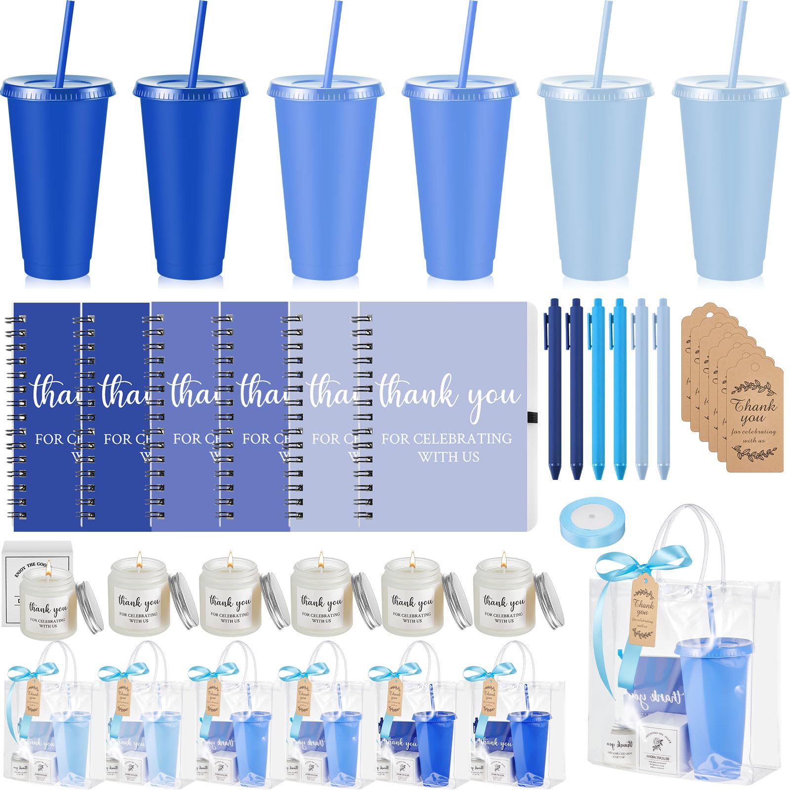 Nuogo 12 Sets für neue Eltern Duschpreise für Spielergewinner, Erwachsene, Hochzeit, Brautparty, Geschenk, Kunststoff-Becher, Notizbuch, Duftkerze, Kugelschreibertasche (Farbverlauf, Blau, klassischer