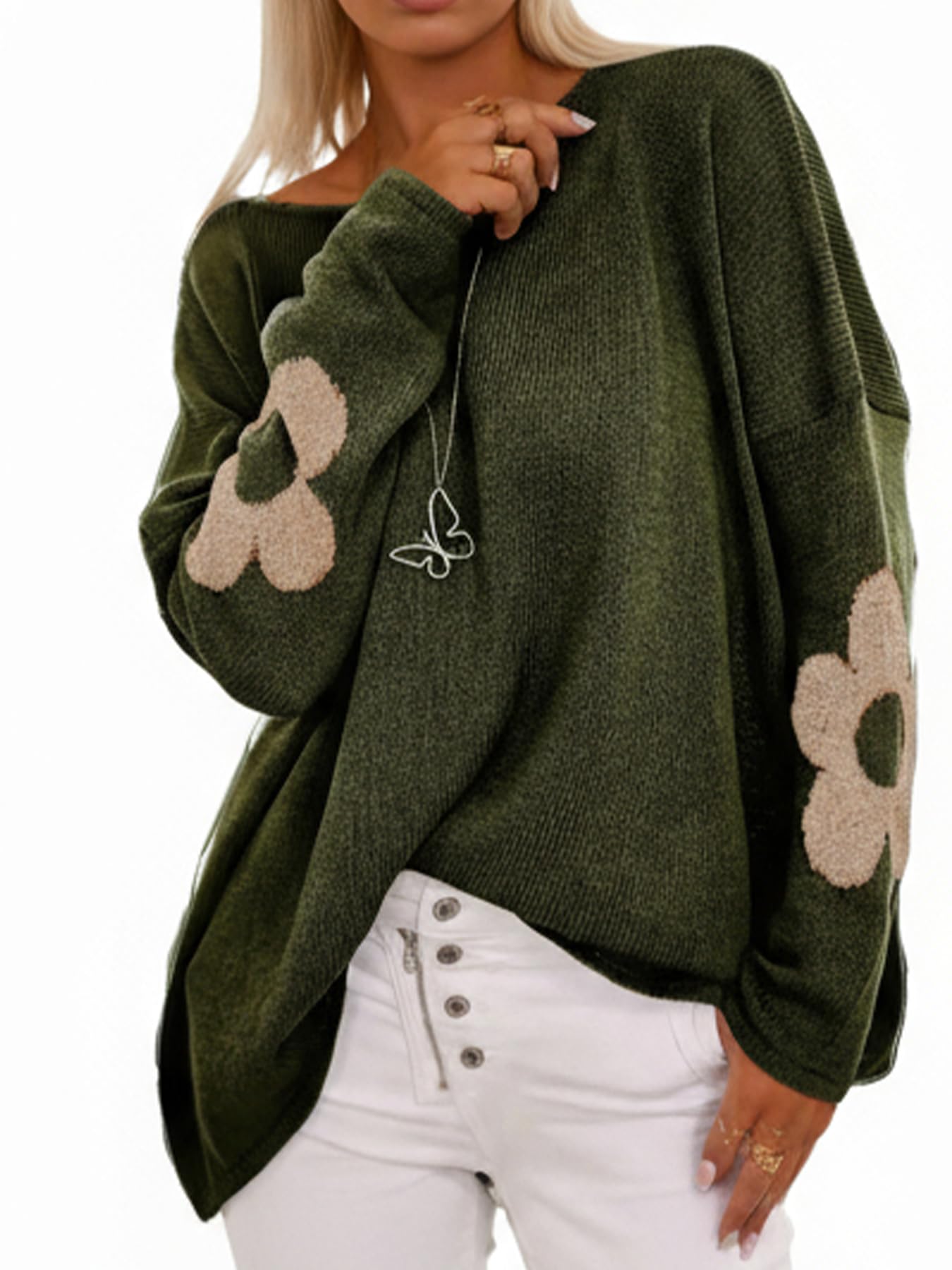 SOLY HUX Womens Plus Size Floral Sweater Long Sleeve Oversized Fall Knit Pullover Tops