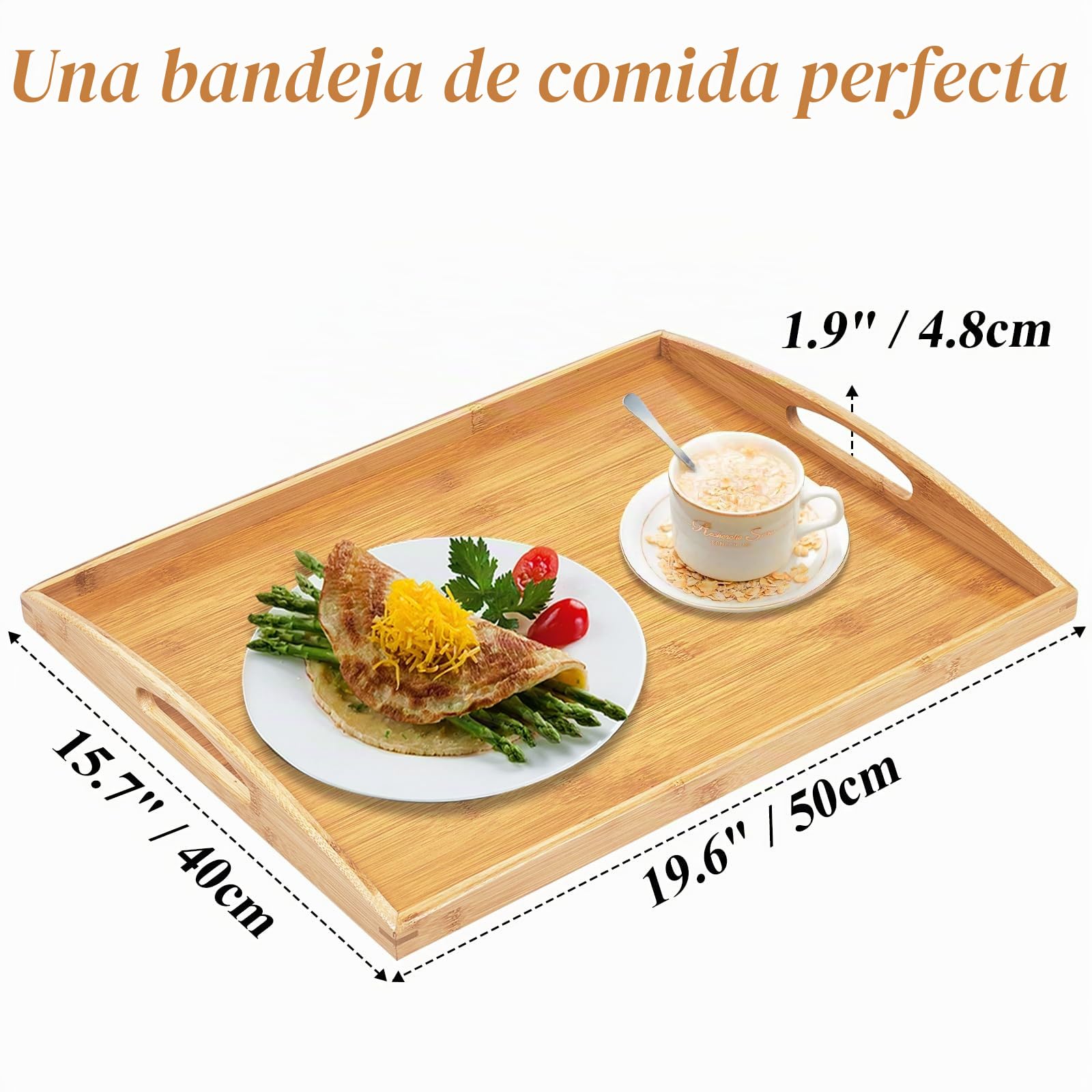 Bandeja de Bambú para Servir con Asas, Bandeja Madera Rectangular, Bandejas de Cocina para Desayuno, Comida, Té, Mesa de Café (50 × 40 CM)