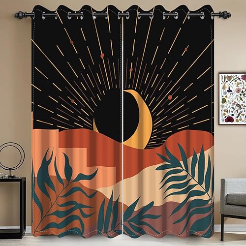 Miniatura 2 de Umpoo Cortinas abstractas bohemias para ventana, estética de mediados de siglo, hojas de luna de montaña, para oscurecer la habitación, cortina con