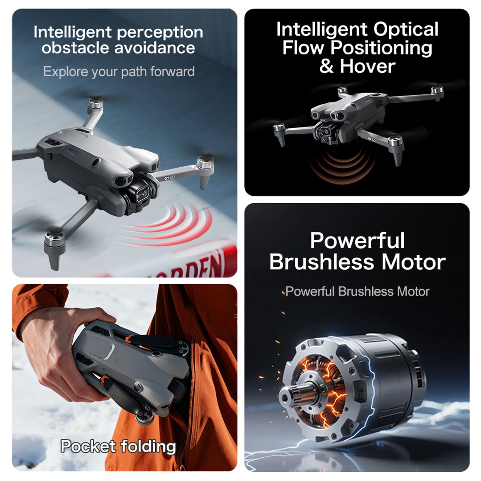 Zunate Drones Plegables con Cámara 4K, Ultraligero de 183 G, Cámara WiFi Portátil Cuadricóptero RC con Motor Sin Escobillas, 2 Baterías de 1300 MAh, para Adultos Principiantes