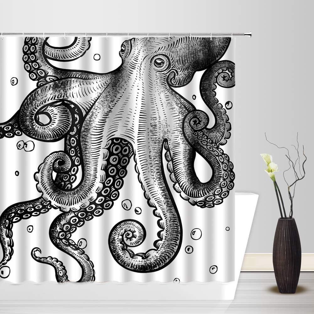 Gray Octopus Shower Curtain Ocean Kraken Sea Animal Octopus Tentacles Marine Life Nautical Cool 70" Wx96 H Bathroom Decor Curtain with Hooks