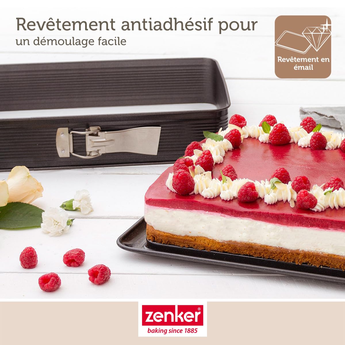Zenker 7022 Moule à gâteaux rectangulaire à charnière, Moule Rectangle, Plat à Four, Plat à gratin, Moule à gâteaux avec Plateau, Acier émaillé, 42 x 29 cm, Noir