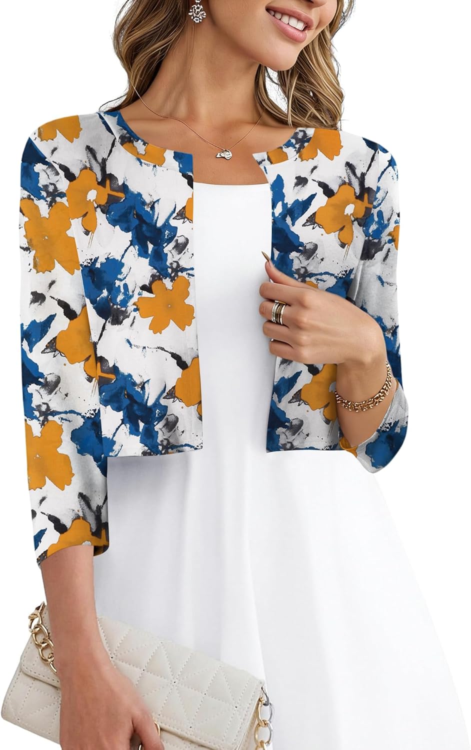 CRAZY GRID Women's Summer Lightweight Cardigan 3/4 Sleeve Shrugs Knit Bolero Open Front Cropped Cardigan for Women S-XXL