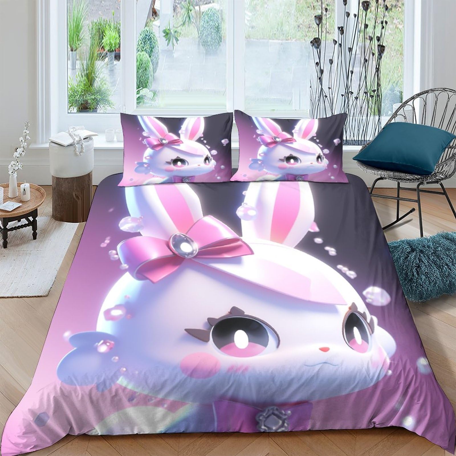 Parure de lit lapin rose IOFEER housse de couette 220x240cm avec taies d'oreiller pour lit King