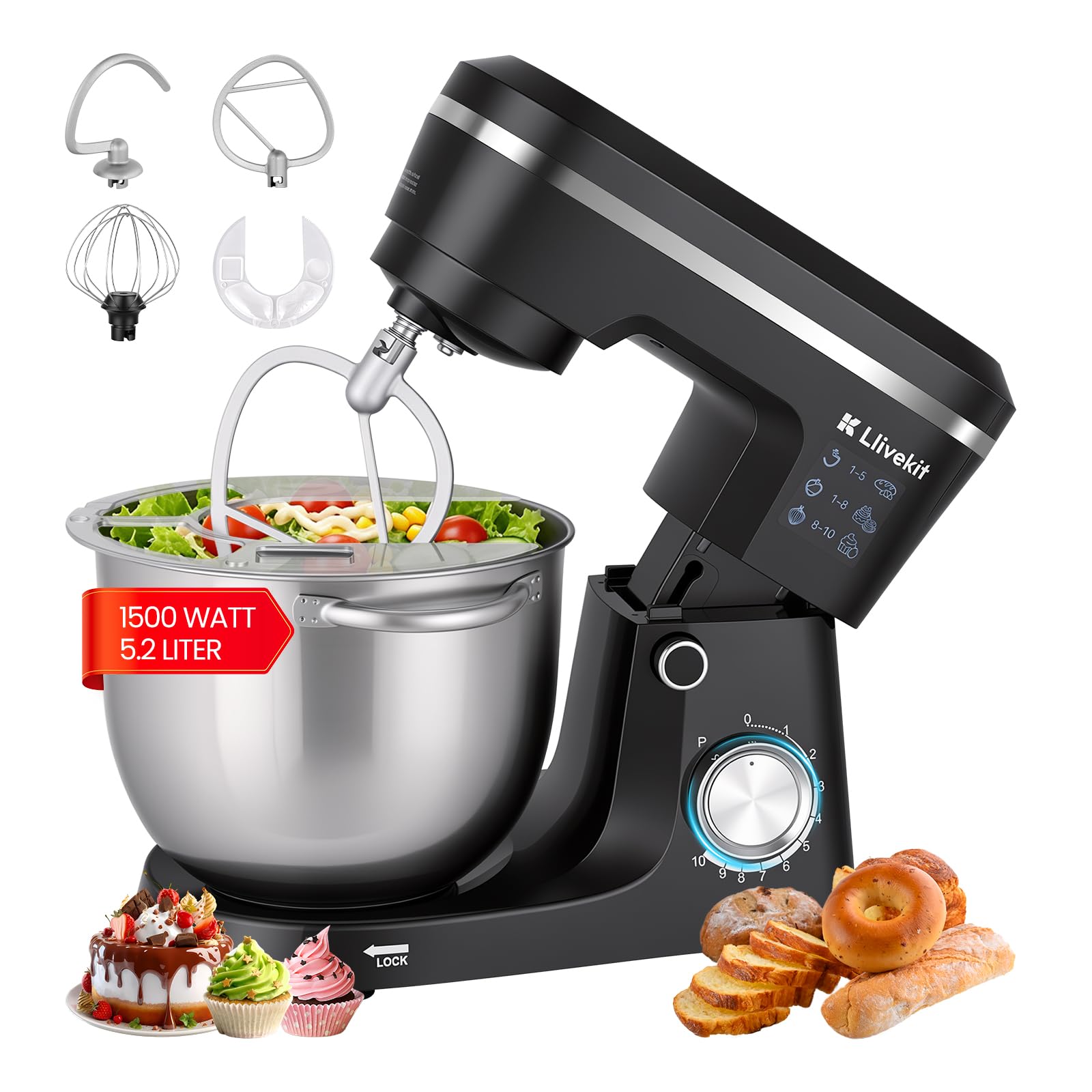 LLIVEKIT Batidora Amasadora con Bol 5,2 L, 10 Velocidades + Función Pulso | Robot Cocina 1500 W, Amasadora Pan y Reposteria, Batidora Multifuncional con Accesorios para Batir y Amasar, Bajo Ruido
