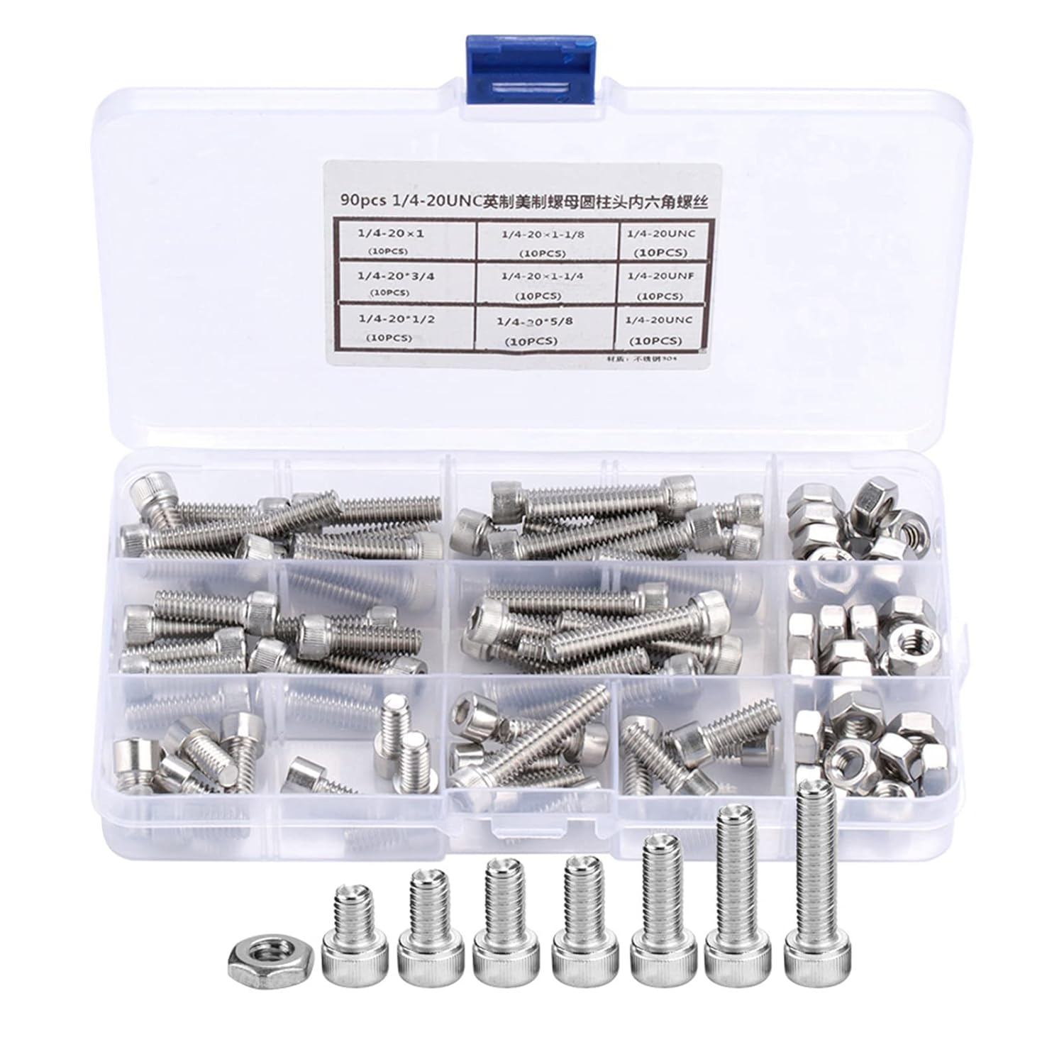 1/4 20UNC Hex Socket Head Cap Screw, Hexagon Bolts Washers Nuts Assortment Kit, Bolts and Nuts Set Assortment Kit, Machine Screws Set Stainless Steel, 90pcs