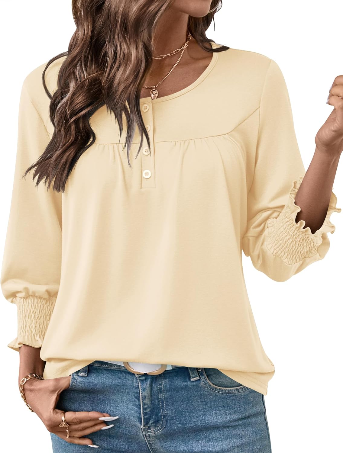 AKEWEI 3/4 Length Sleeve Womens Tops 2026 Fashion Summer Tops for Women Crewneck Casual Loose Fit Pleated Top