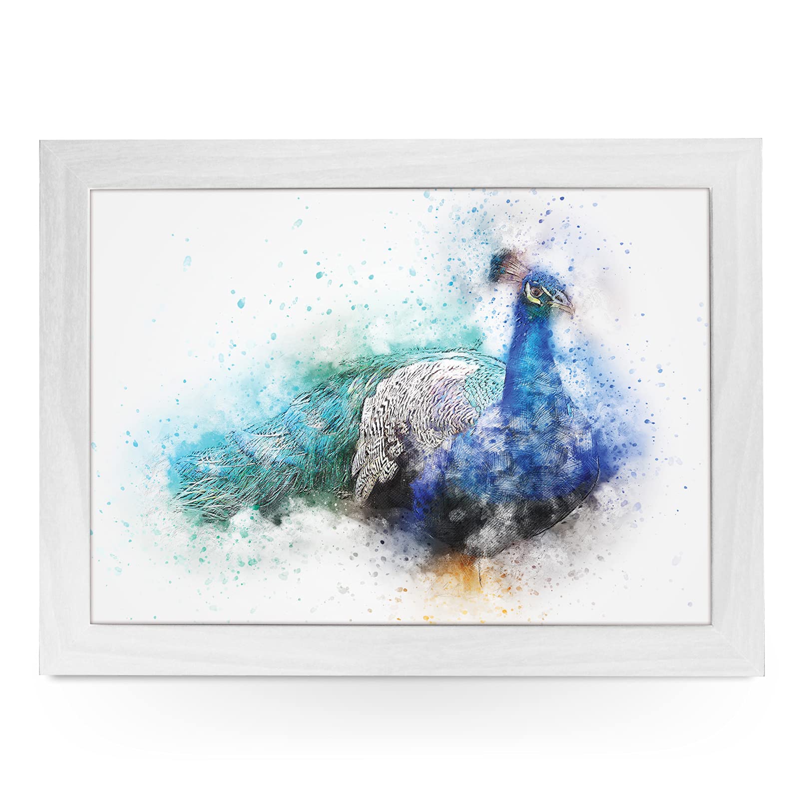 Portable Lap Desk Tray (Watercolour Peacock) Handmade Wooden Frame, Beanbag Cushioned Bottom | Computers, Laptops, Meals, Food | L829 White
