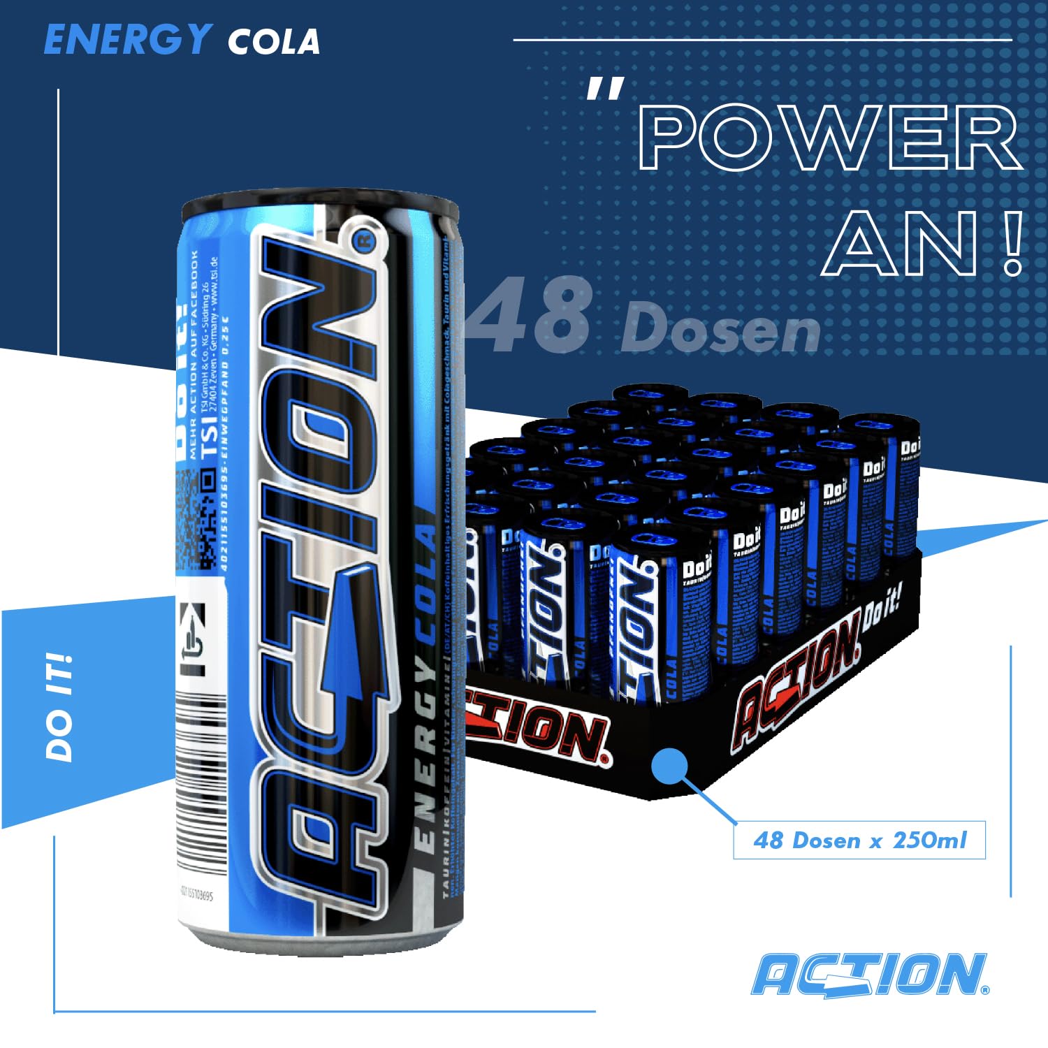ACTION Energy Drink Cola (48 x 250 ml) con depósito – Bebida refrescante – Energía con mayor contenido de cafeína 32 mg/100 ml de cafeína bebida energética para mejorar el enfoque
