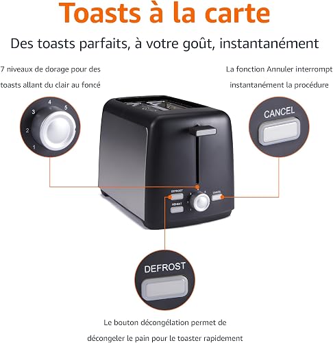 Amazon Basics Grille-Pain 2 Tranches avec 7 Niveaux de Dorage et Tiroir Ramasse-miettes Amovible, Fentes Extra Larges, 800W, Noir - 2