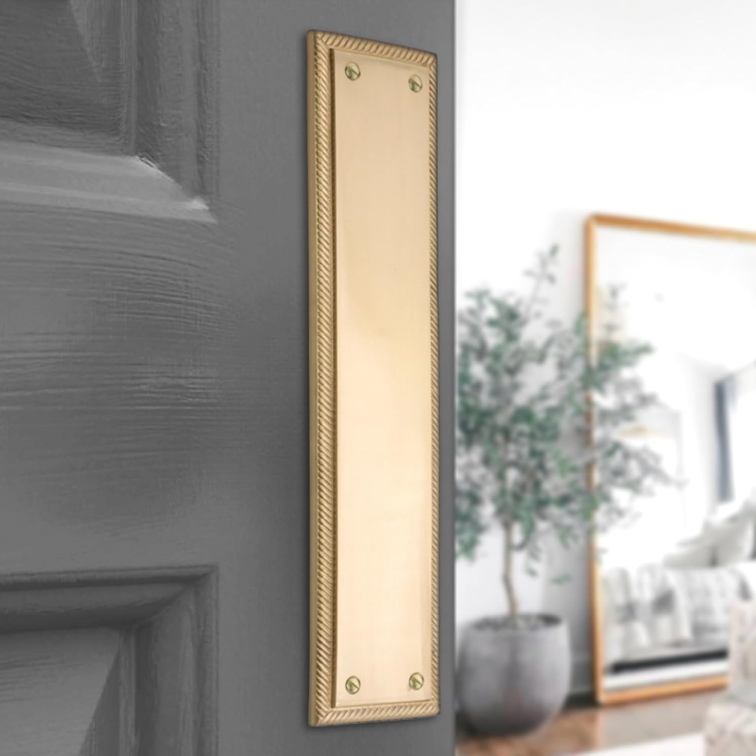 Infinity Decor Satin Brass Georgian Roped Edge Design Square Shape Finger Push Plate Door Protector 287x67mm - for Interior or Exterior Door